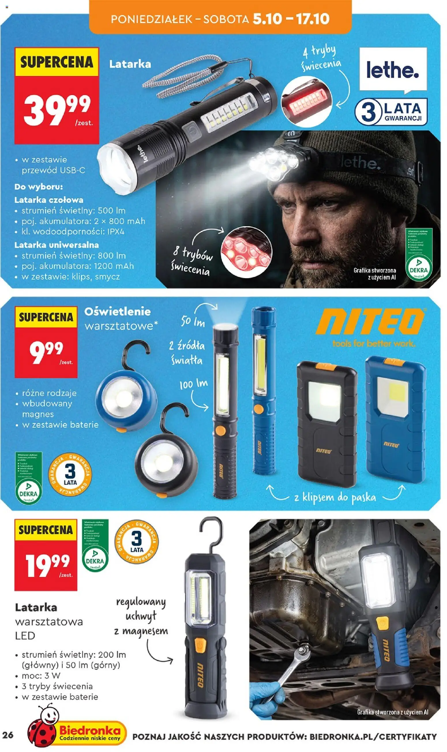 Biedronka gazetka - Hity i inspiracje od 03.10.2026 | Strona: 26 | Produkty: Baterie, Oświetlenie, Latarka warsztatowa LED, Latarka czołowa