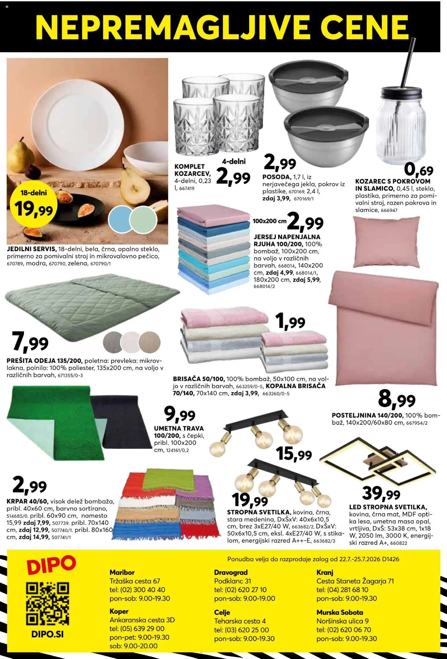 Novi Dipo katalog ponudbe – veljaven od 22.07.2026 | Stran: 16 | Izdelki: Kozarec, Kopalna brisača, Prešita odeja, Umetna trava