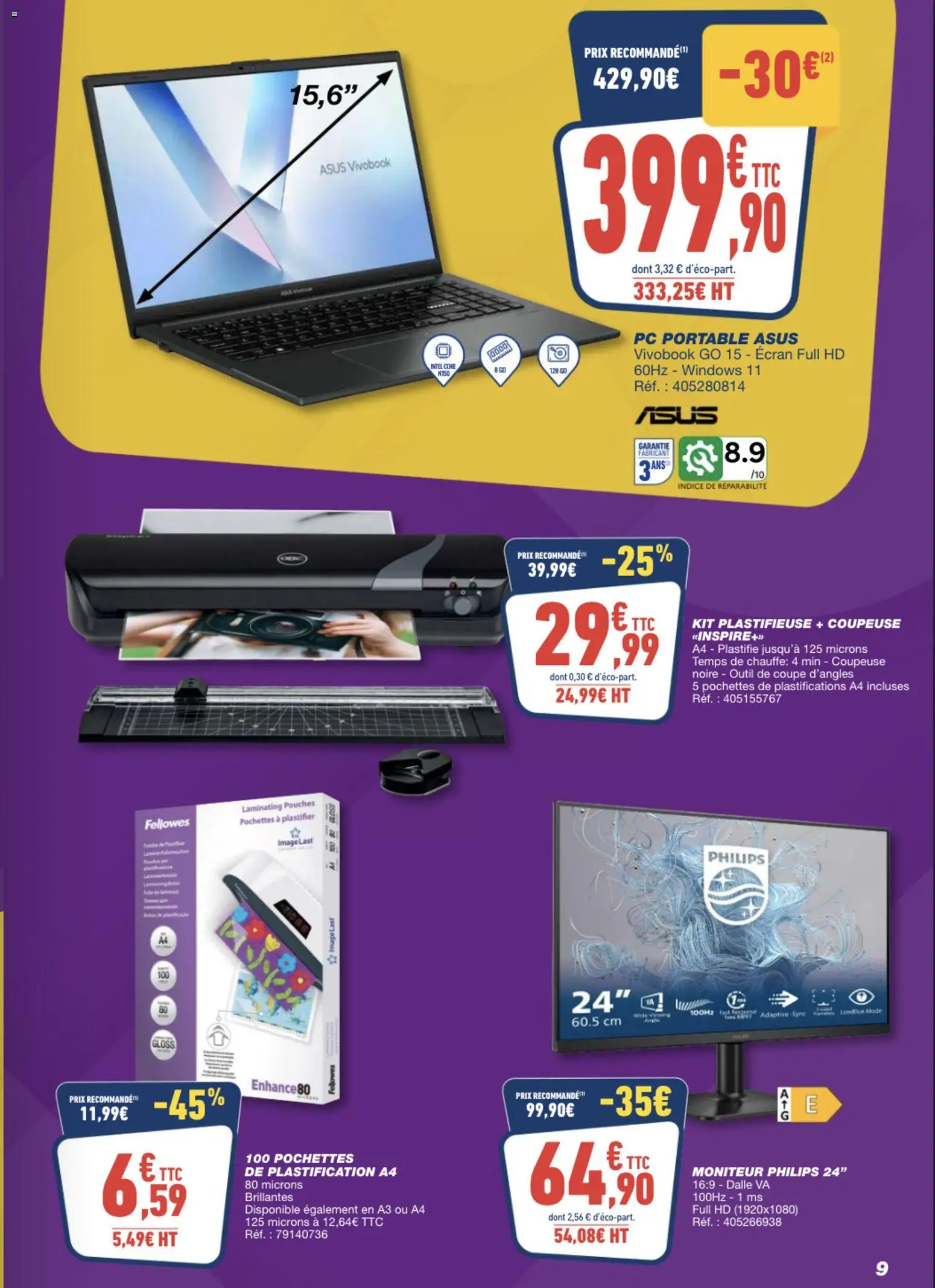 {H1} | Page: 9 | Produits: Plastifieuse, Dalle, PC portable, Portable