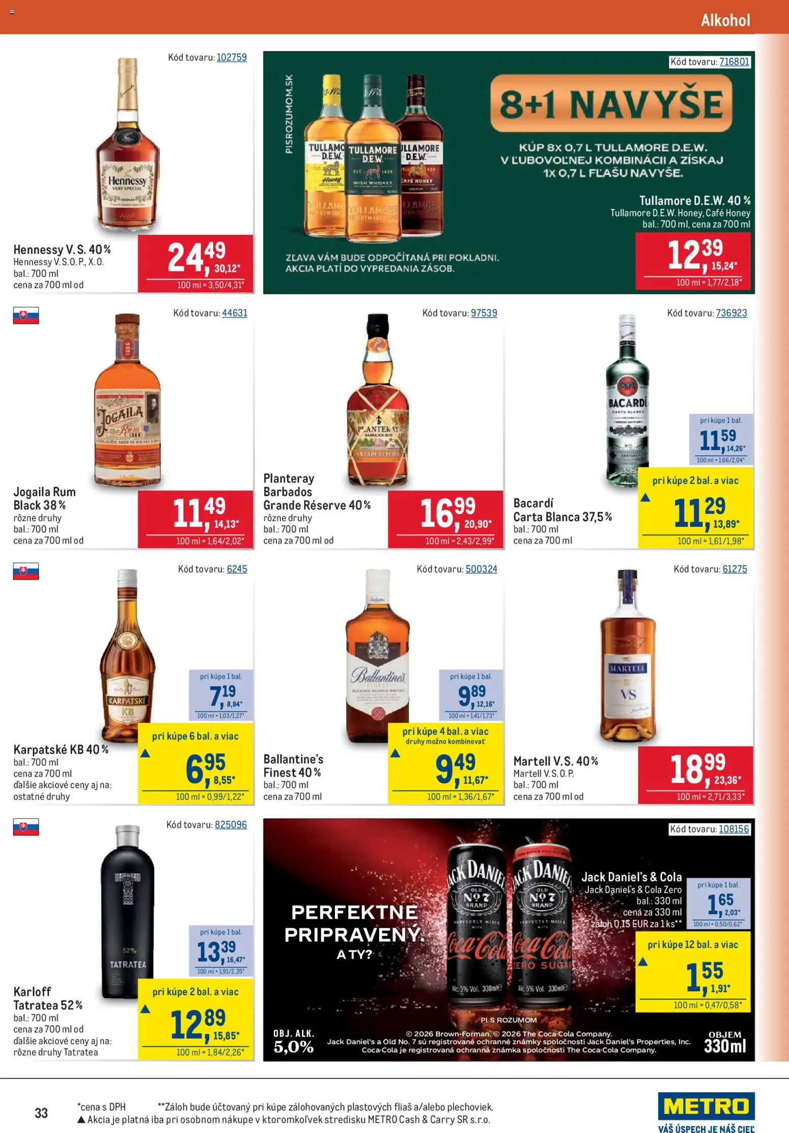 Nové Metro akcie – leták je platný od 12.08.2026 | Strana: 33 | Produkty: Alkohol, Cola, Hennessy, Jack Daniel's