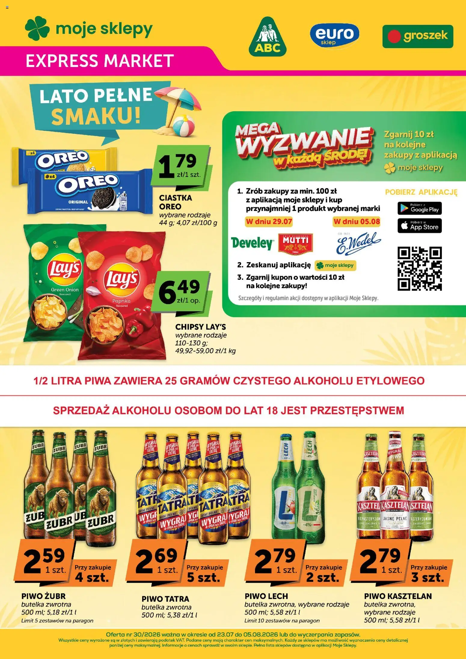 ABC gazetka - Expressmarket od 23.07.2026 | Strona: 1 | Produkty: Piwo żubr, Groszek, Piwo, Ciastka
