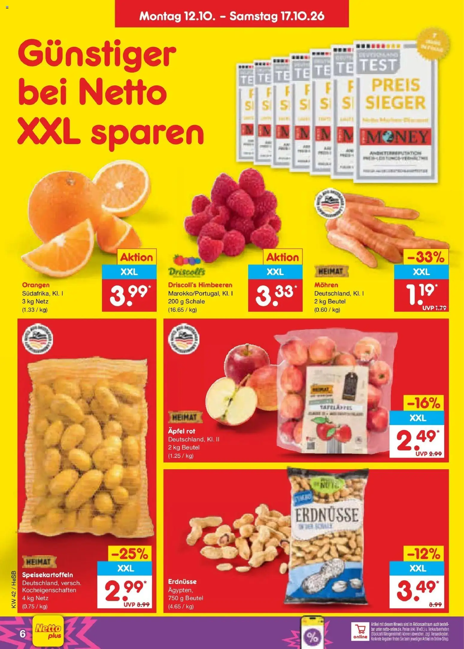Netto Marken-Discount Prospekt Hamburg (ab 12.10.2026) » Angebote | Seite: 6 | Produkte: Himbeeren, Erdnüsse, Äpfel, Orangen