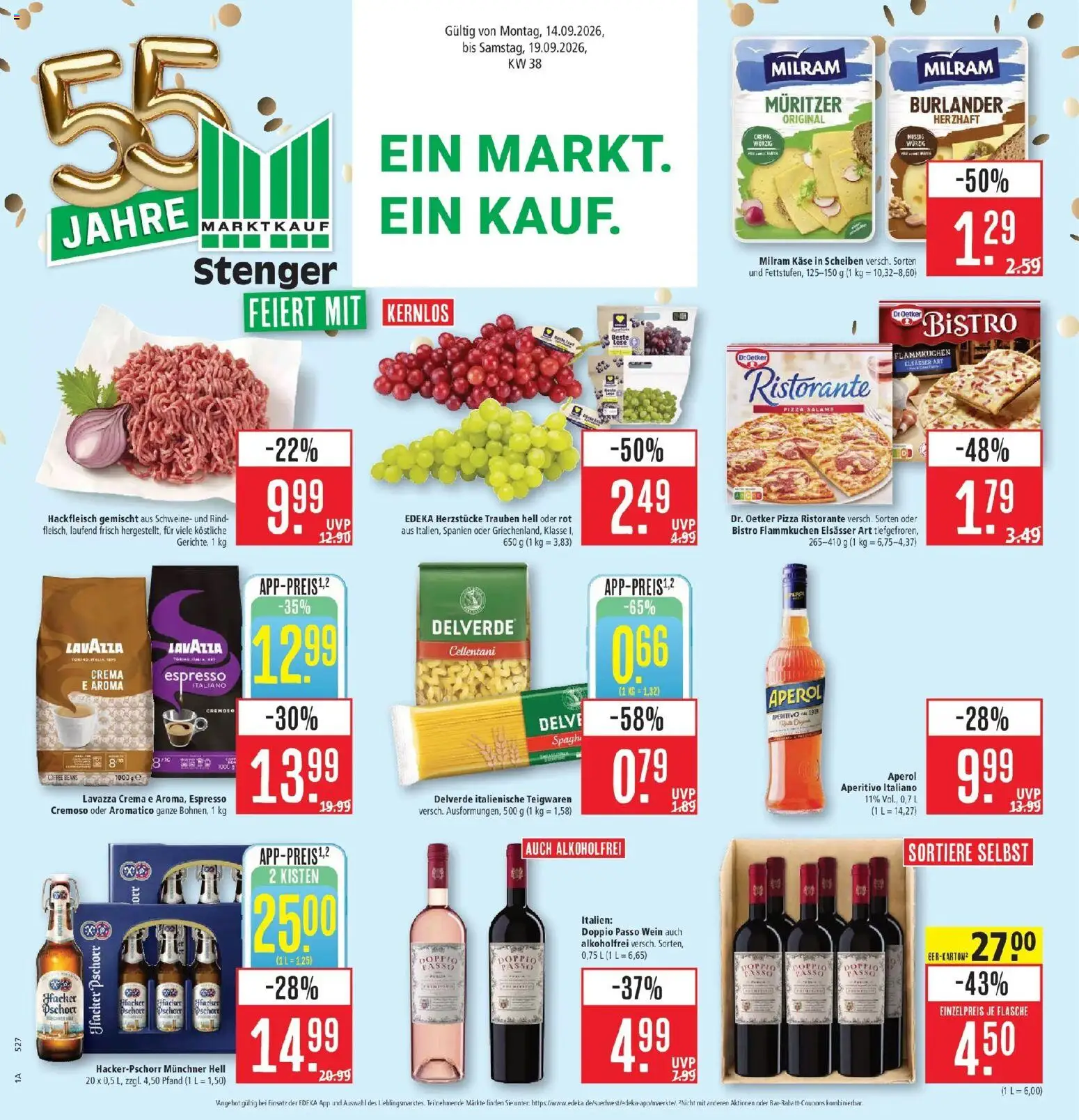 Marktkauf Prospekt Aschaffenburg (ab 14.09.2026) » Angebote online | Seite: 1 | Produkte: Milram, Doppio Passo, Pizza, Hackfleisch