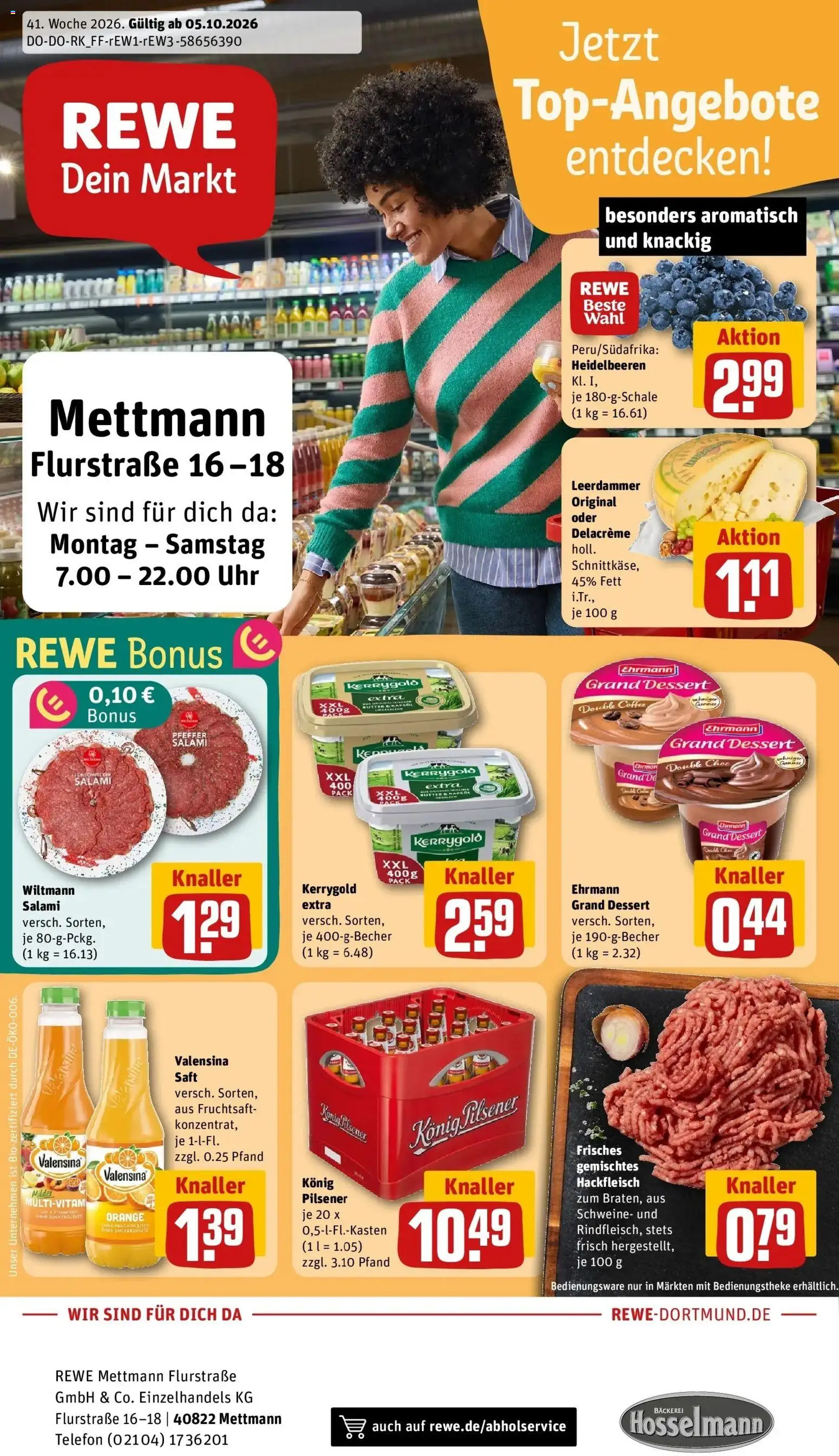 REWE Prospekt ab 05.10.2026 zum Blättern » Angebote | Seite: 1 | Produkte: Bäckerei, Pfeffer, Salami, Saft