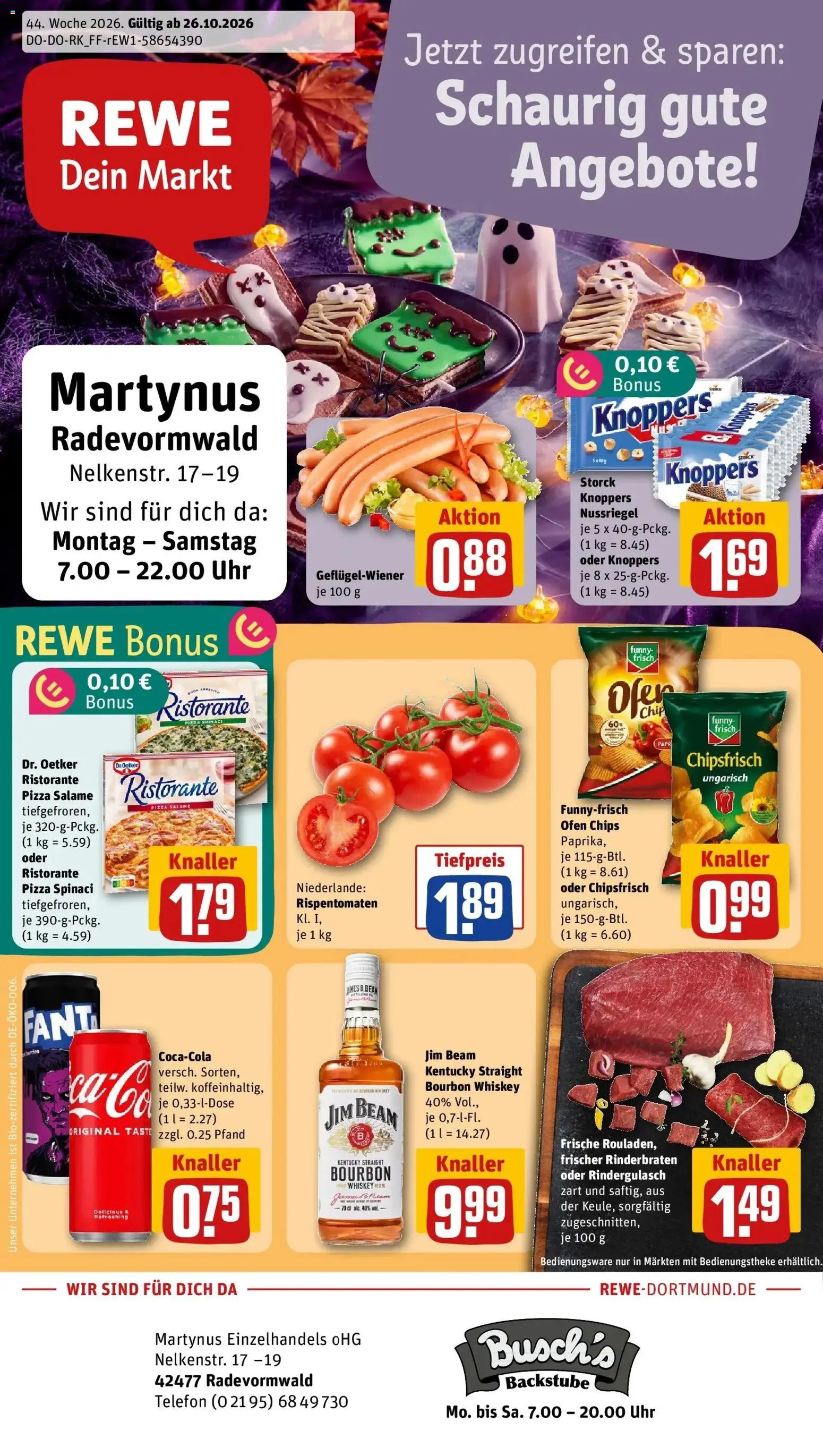 REWE Prospekt ab 26.10.2026 zum Blättern » Angebote | Seite: 1 | Produkte: Rinderbraten, Funny frisch, Pizza, Bourbon