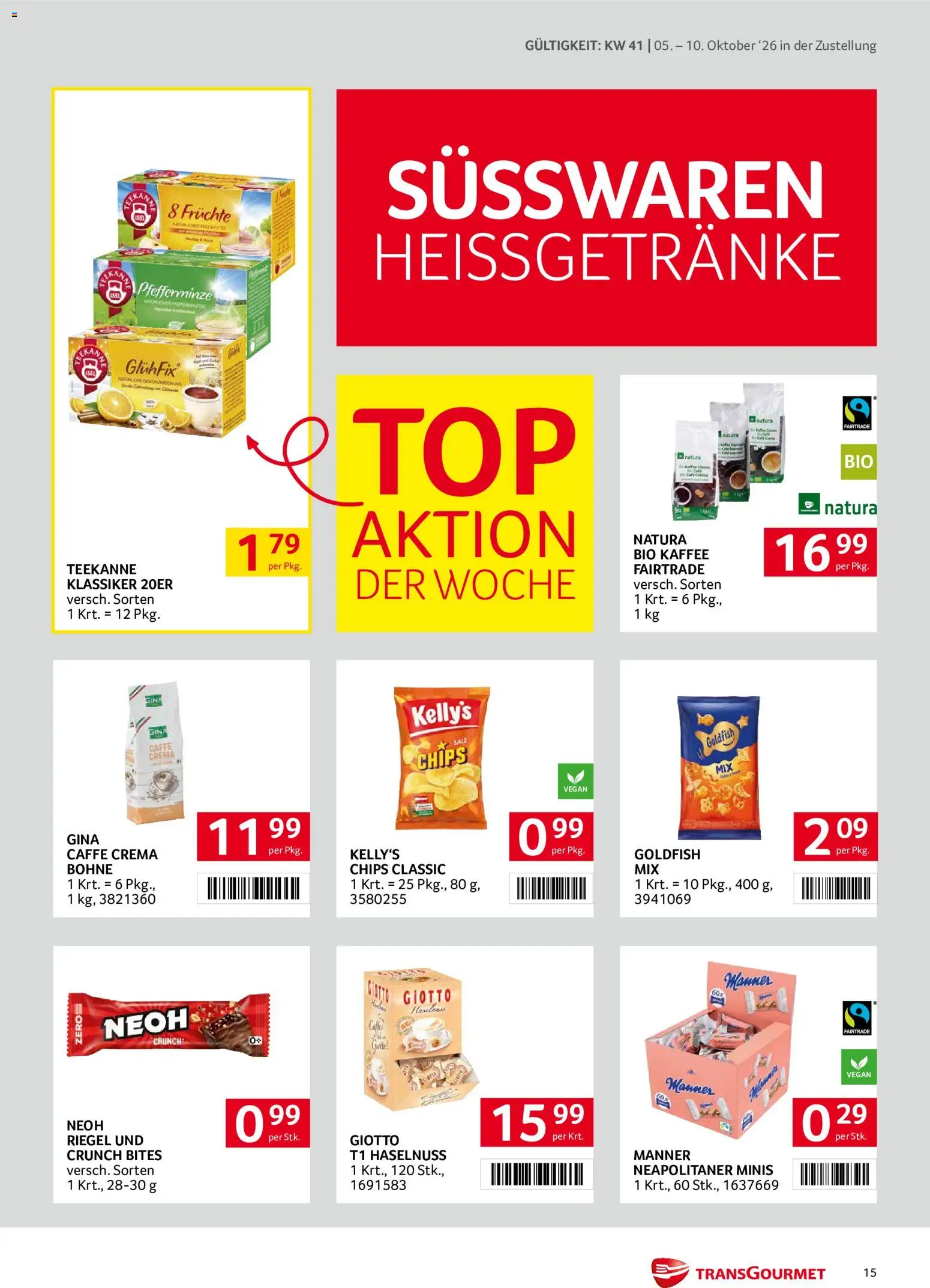 Transgourmet Zustellaktion gültig ab 05.10.2026 | Seite: 15 | Produkte: Chips, Bohne, Kaffee, Süßwaren