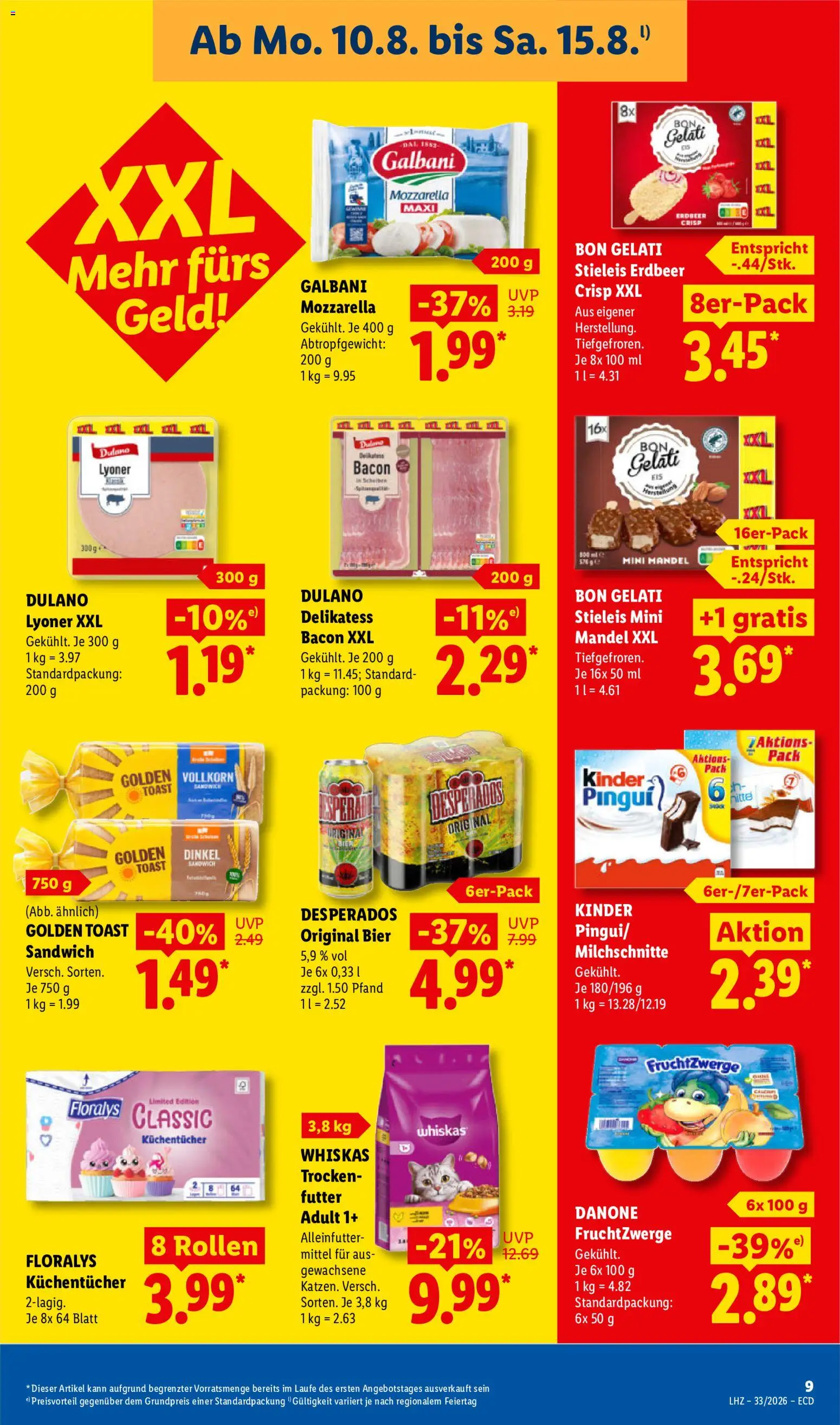 Lidl Německo leták od 10.08.2026 | Strana: 21 | Produkty: Whiskas, Desperados, Bon Gelati, Mozzarella