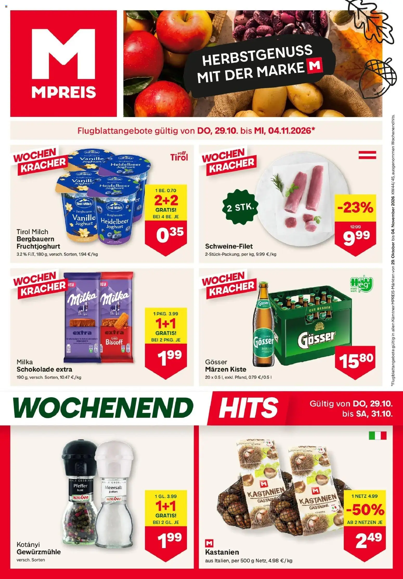 MPREIS Velden von 29.10.2026 - Aktuelle Angebote | Seite: 1 | Produkte: Pfeffer, Vanille, Milch, Schokolade