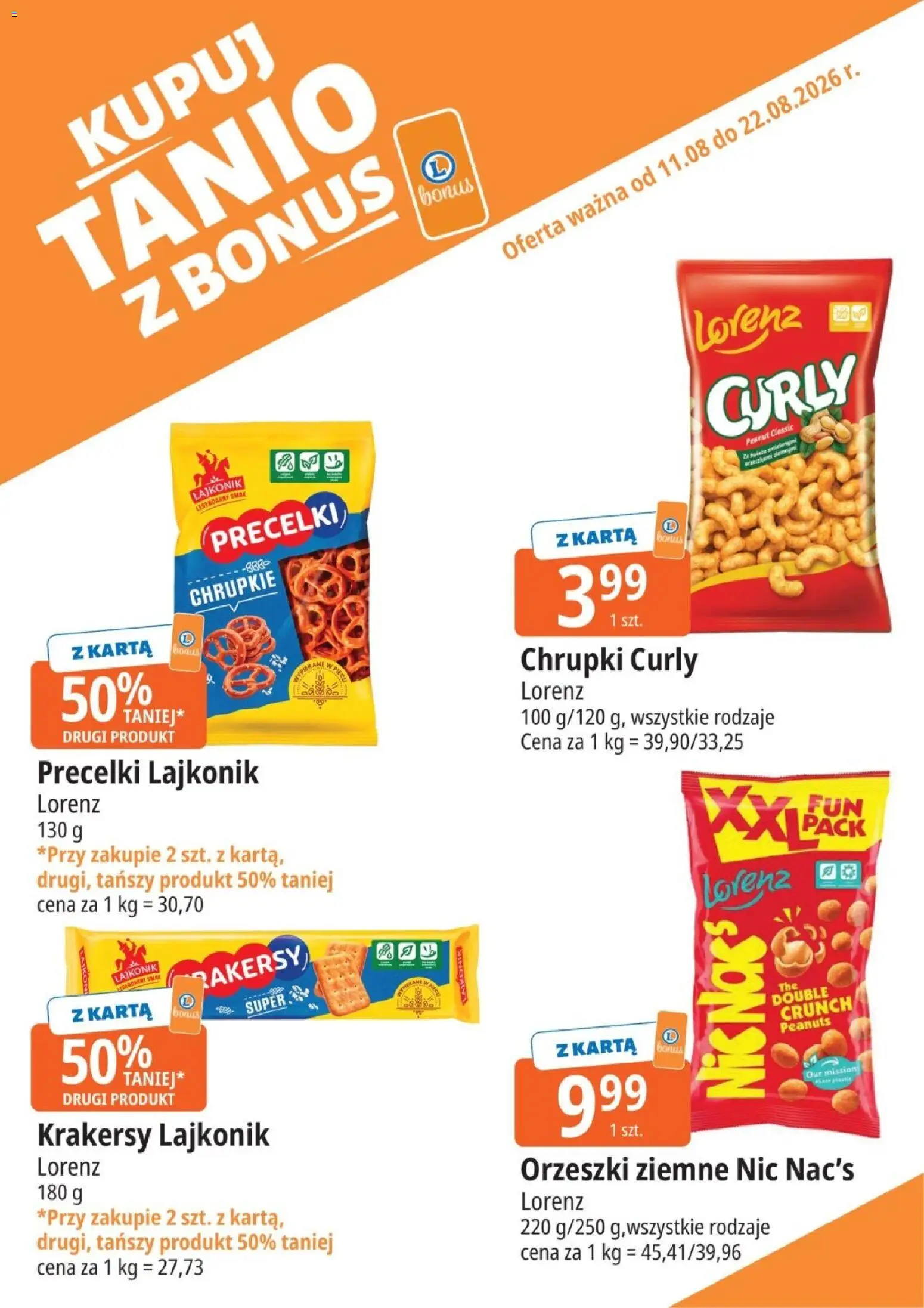 E.Leclerc gazetka - Kupuj Tanio Z Bonus od 11.08.2026 | Strona: 11 | Produkty: Karta, Chrupki, Krakersy, Orzeszki
