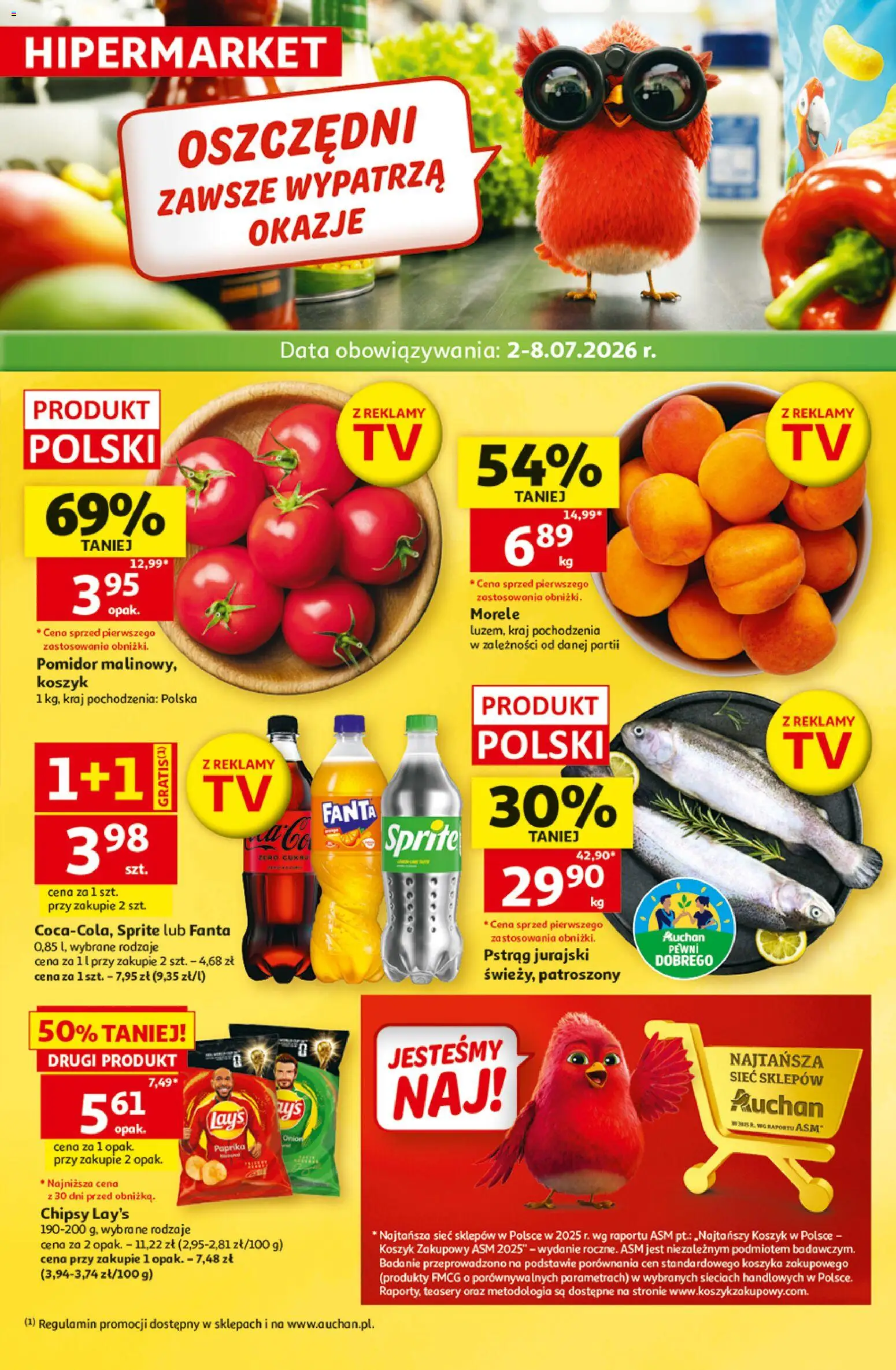 Auchan gazetka - 30 Lat Hipermarket od 02.07.2026 | Strona: 1 | Produkty: Chipsy, Sprite, Pstrąg, Morele