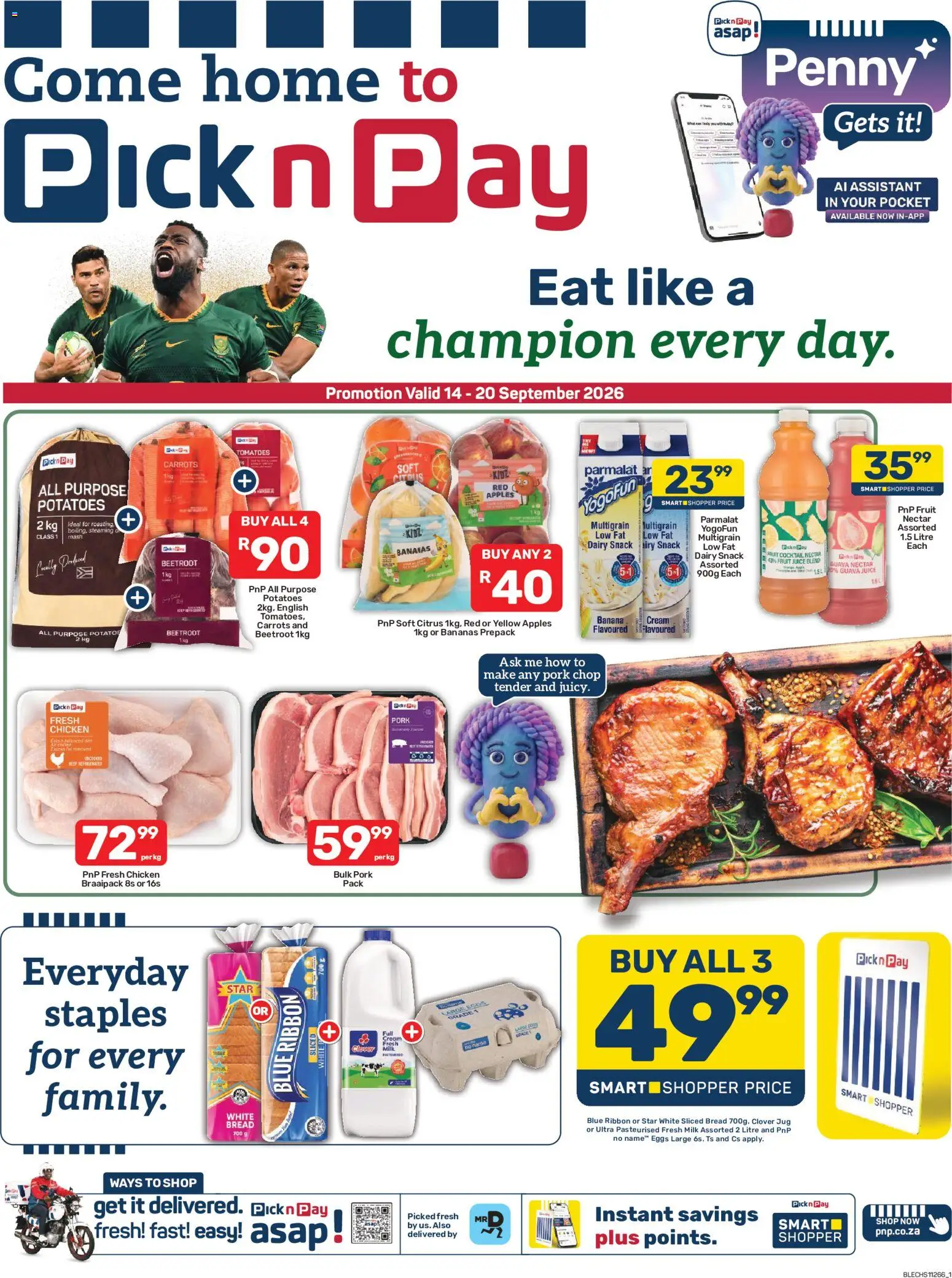 New Pick n Pay catalogue – valid from 14/09/2026 | Page: 1 | Products: Pork chop, Apples, Bananas, Potatoes