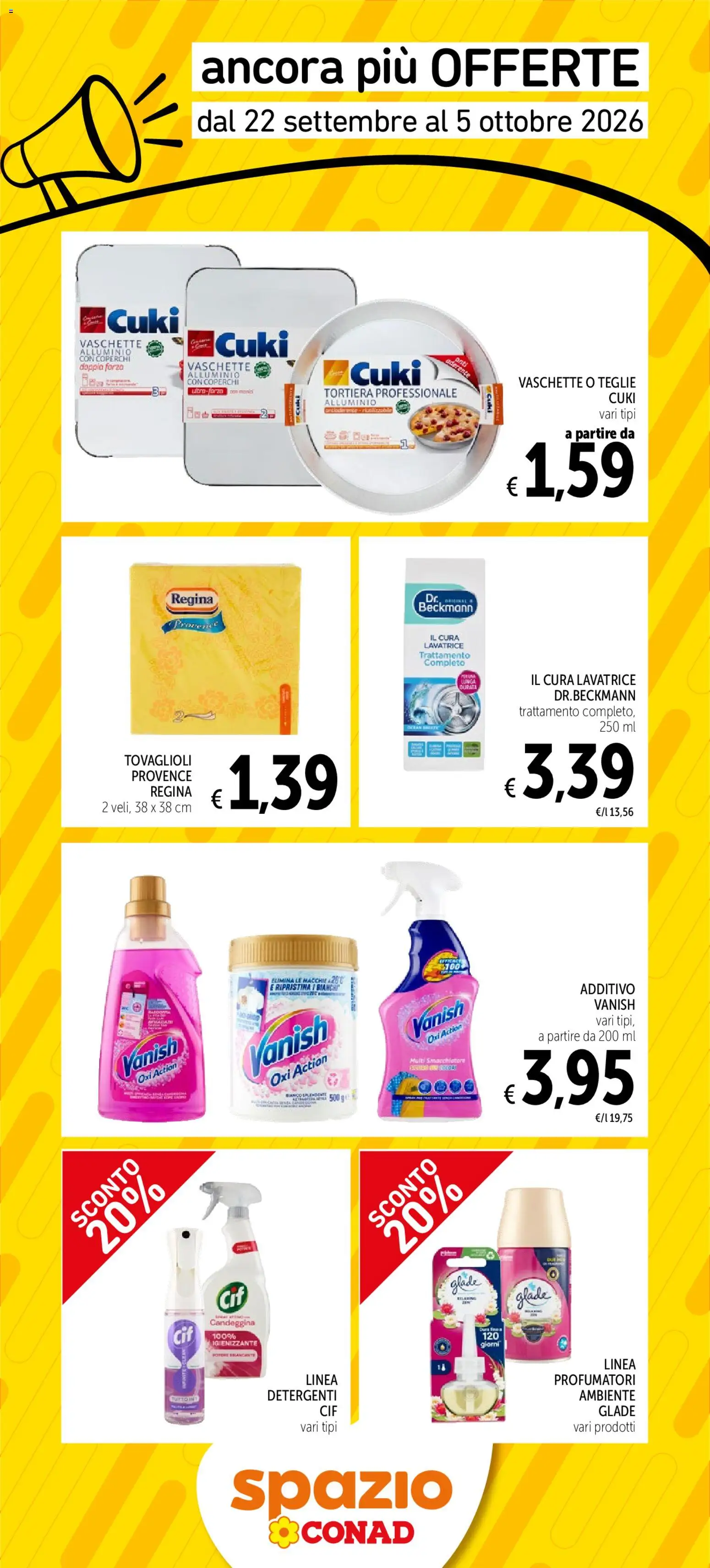 Volantino Spazio Conad del 22/09/2026 | Pagina: 3 | Prodotti: Candeggina, Lavatrice, Alluminio, Vaschette