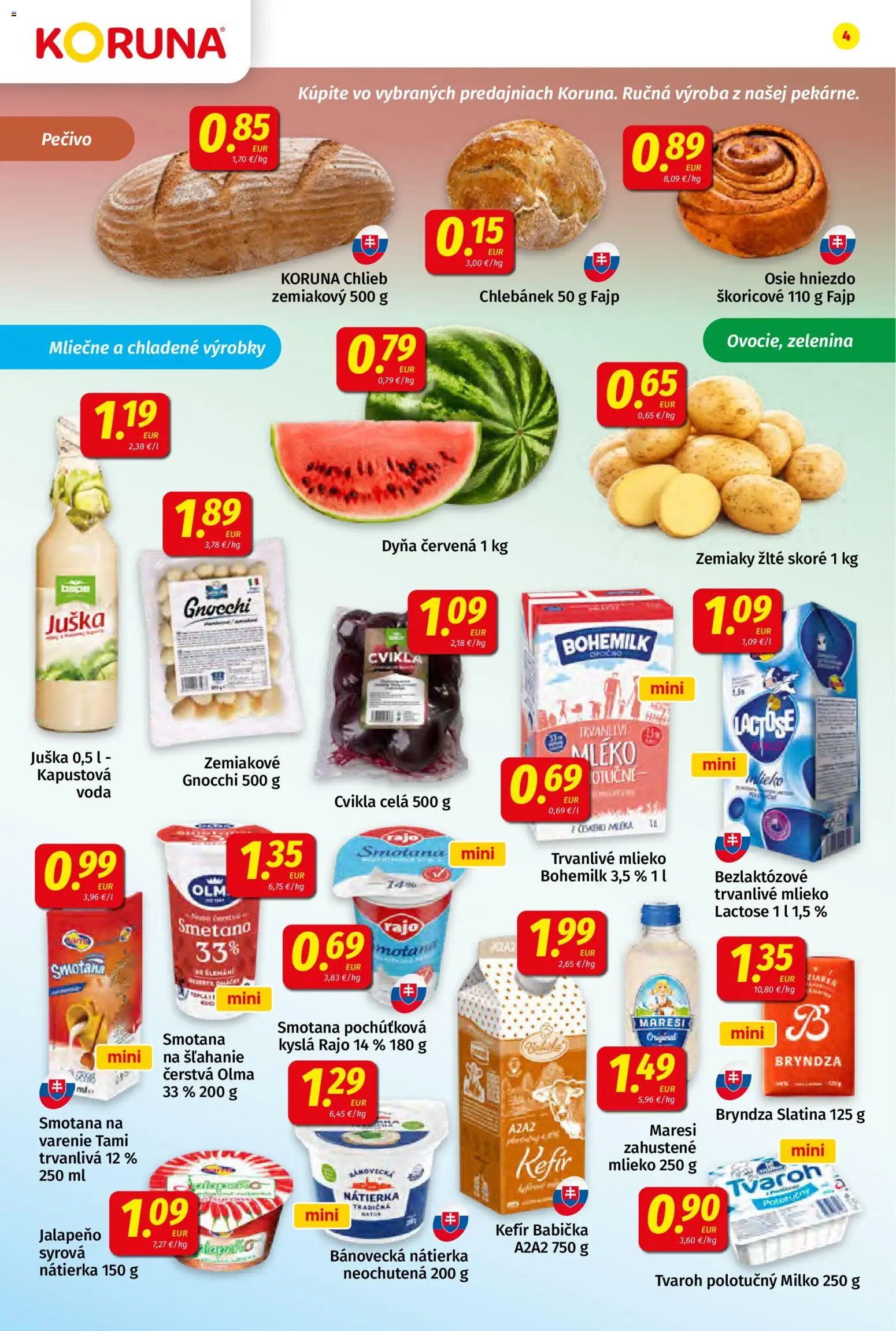 Nové Koruna akcie – leták je platný od 17.07.2026 | Strana: 4 | Produkty: Chlieb, Voda, Kefír, Trvanlivé mlieko