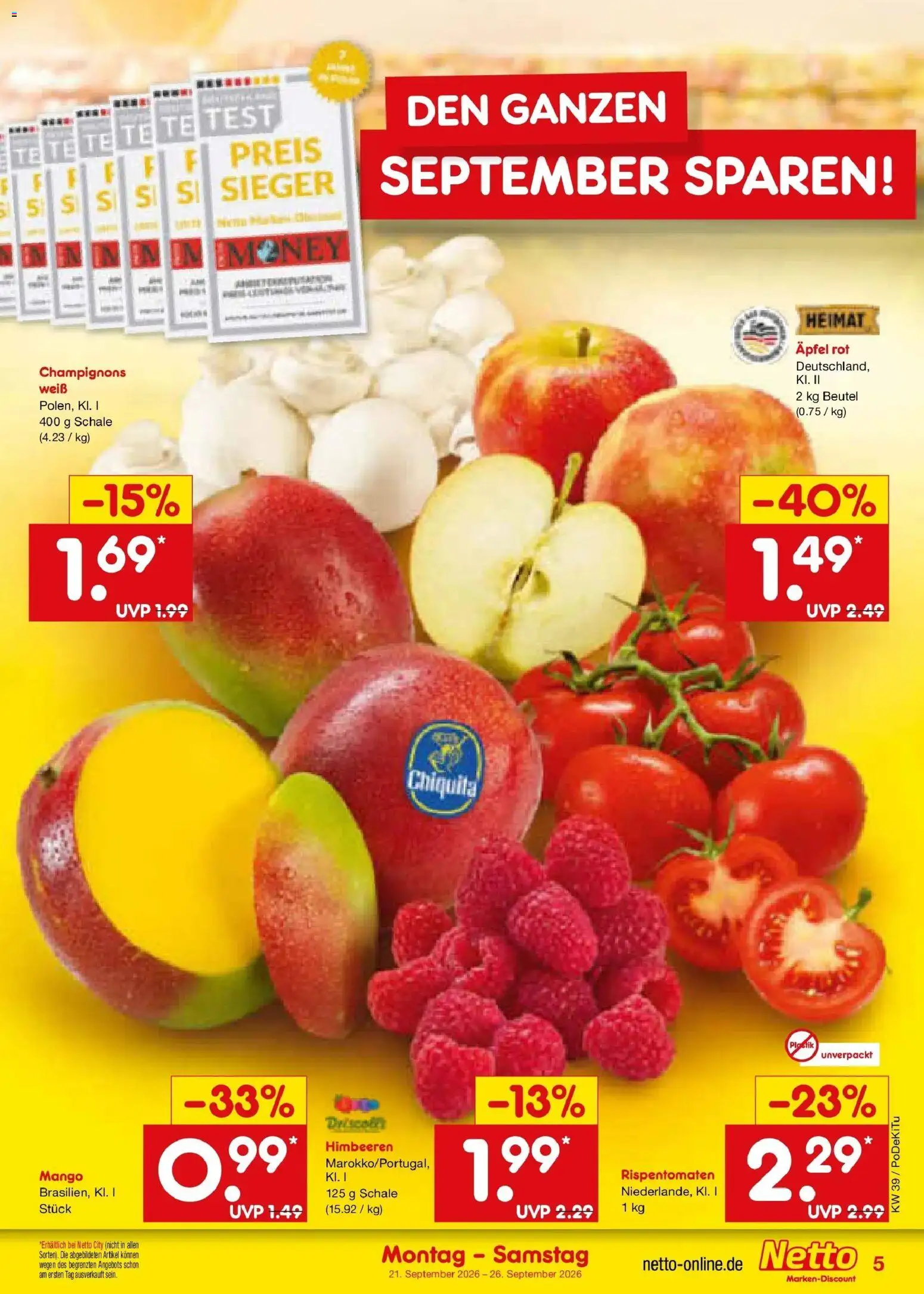 Netto Marken-Discount Prospekt Stuttgart – gültig ab 21.09.2026 | Seite: 5 | Produkte: Himbeeren, Äpfel, Champignons, Mango