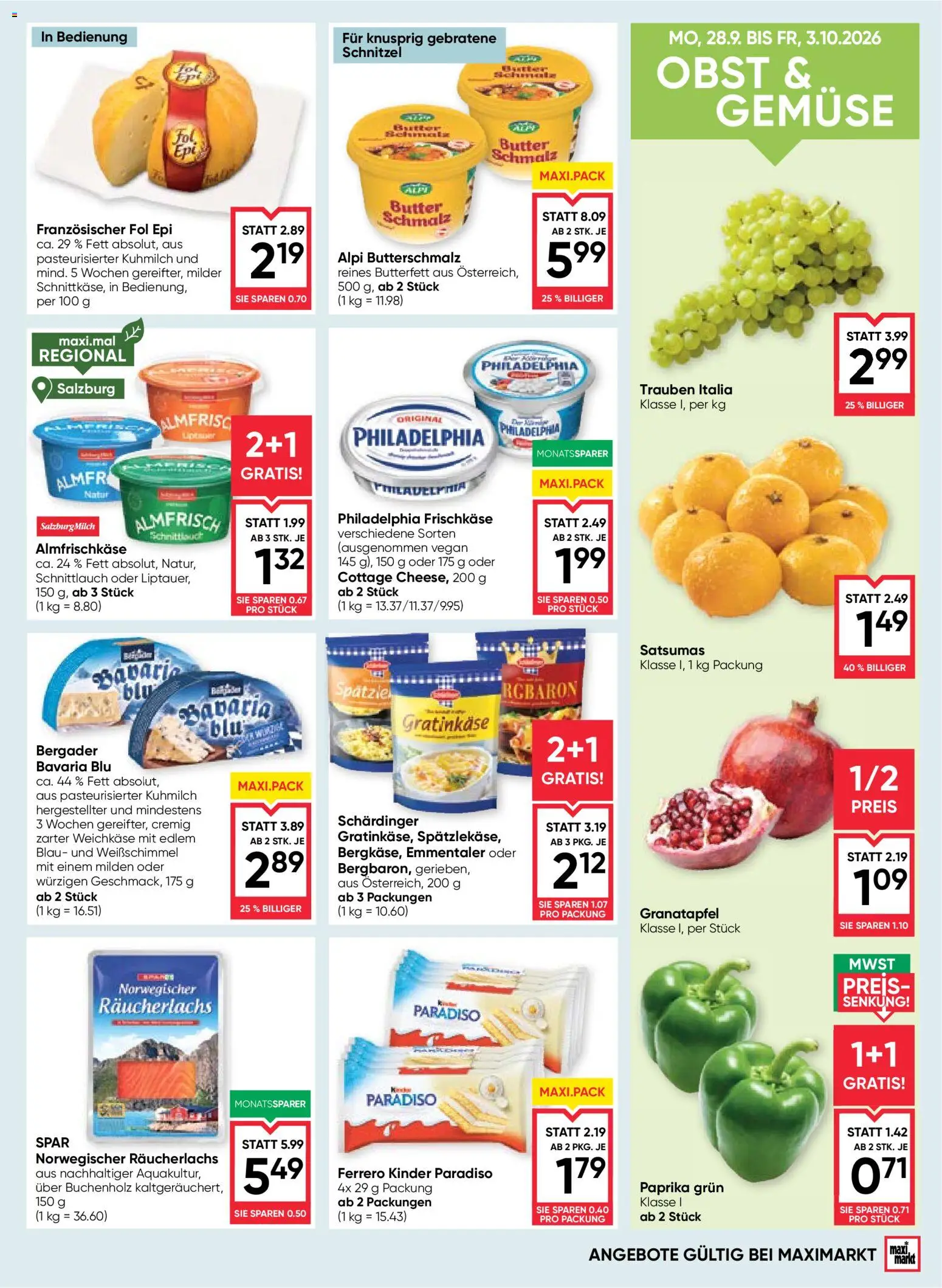 Maximarkt maxi.wochenende gültig ab 01.10.2026 | Seite: 9 | Produkte: Gemüse, Obst, Weichkäse, Butter