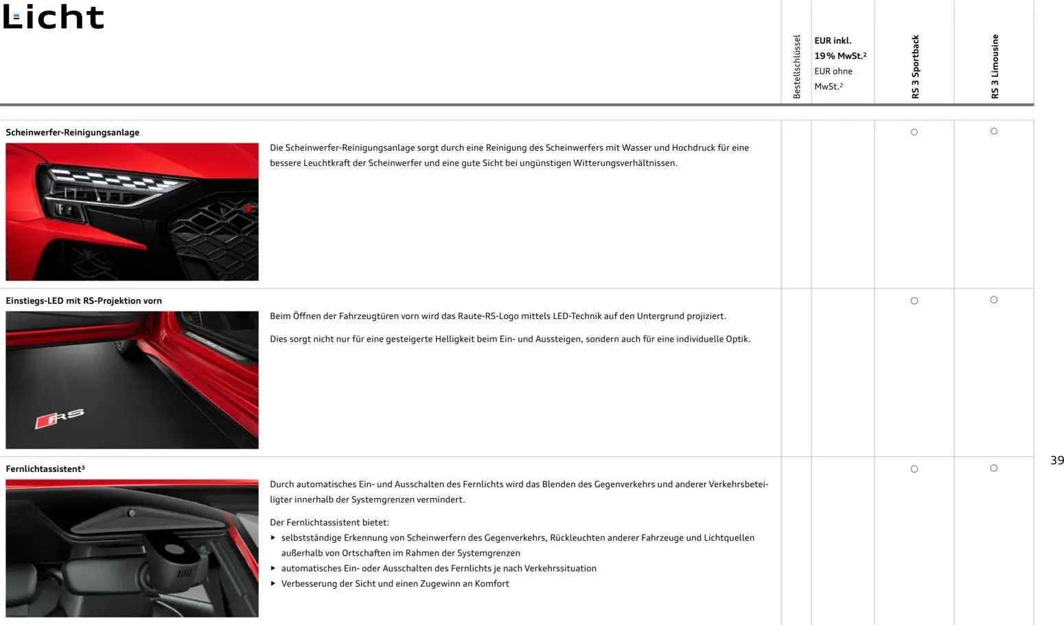 Audi RS 3 Sportback / RS 3 Limousine – gültig ab 28.10.2025 | Seite: 39