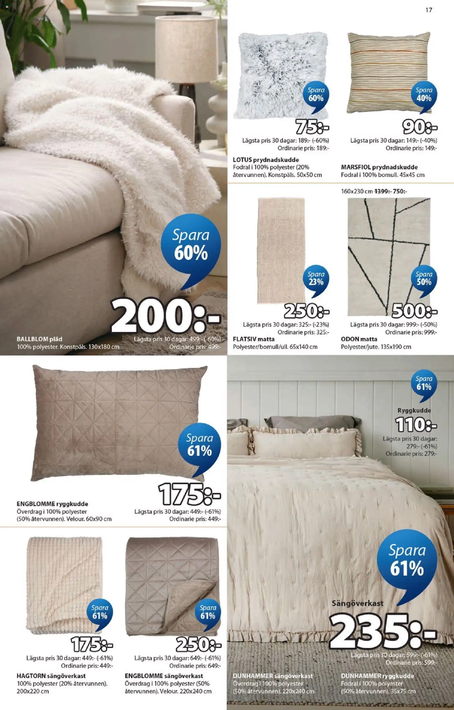 JYSK reklamblad aktuell från 01.06.2026 | Sida: 17 | Produkter: Sängöverkast, Prydnadskudde, Pläd, Matta
