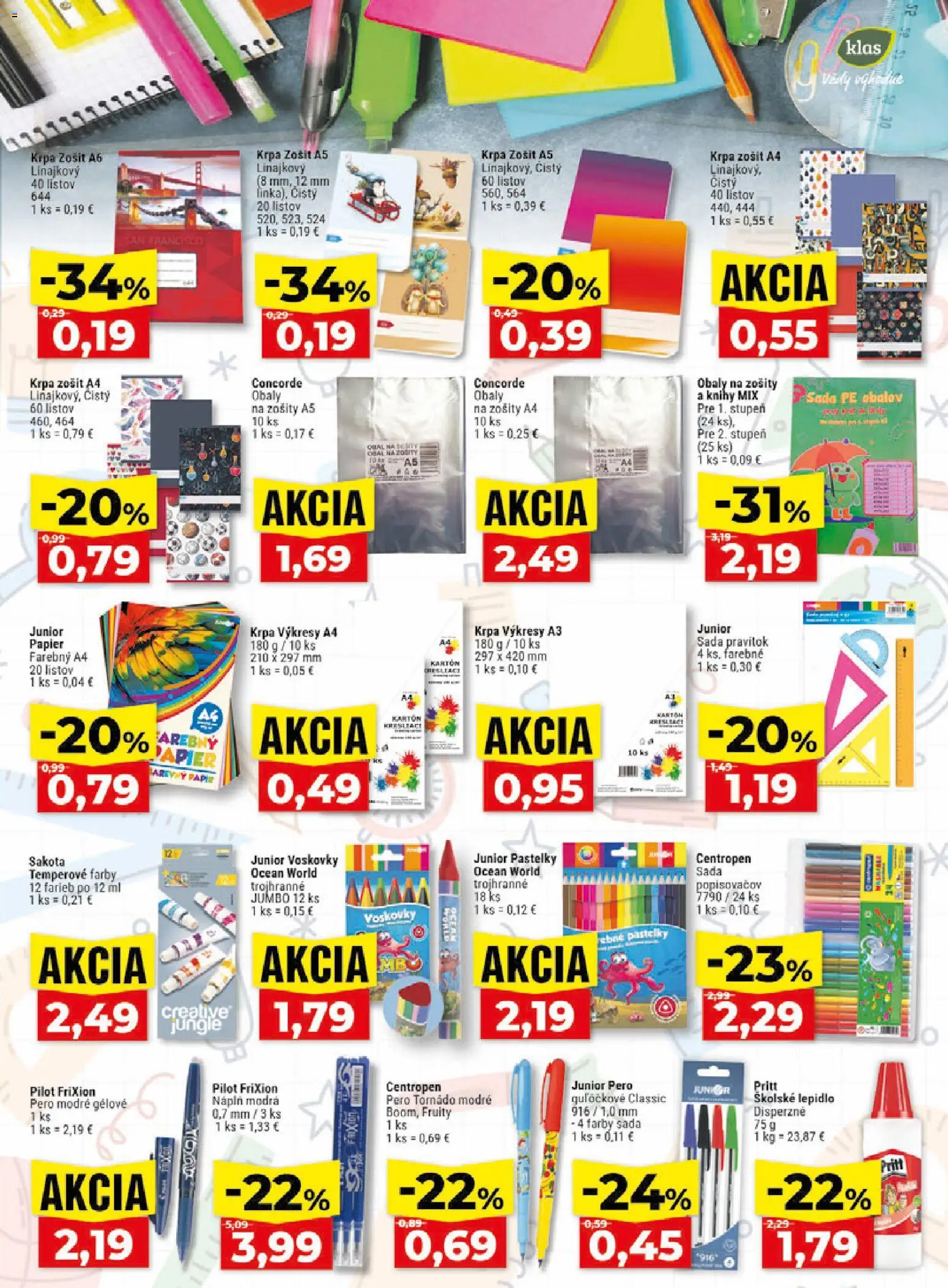 Nové Klas akcie – leták je platný od 31.08.2026 | Strana: 18 | Produkty: Zošity, Zošit, Pero, Pastelky