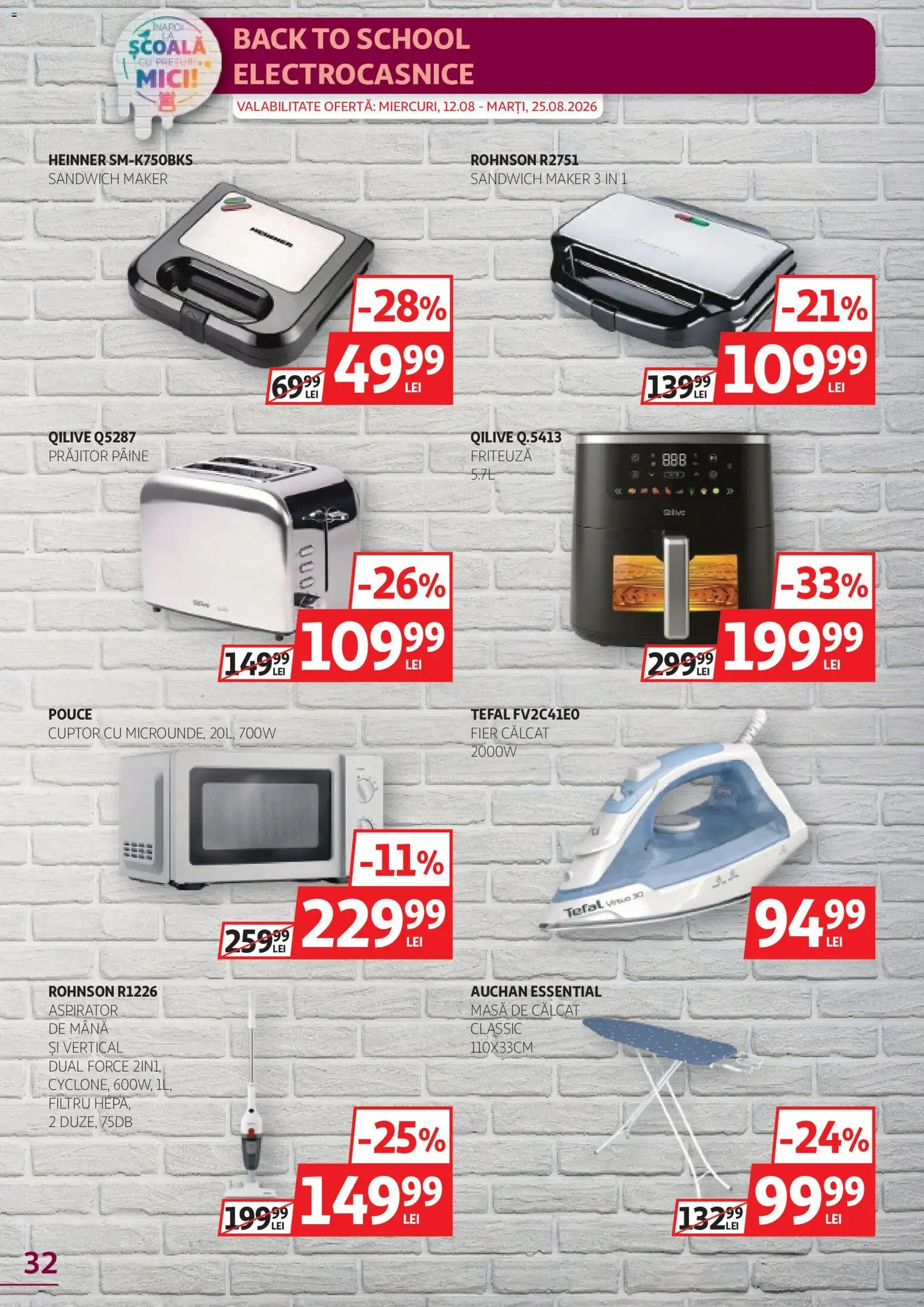 Noul catalog Auchan – valabil de la 12.08.2026 | Pagină: 32 | Produse: Fier, Friteuză, Sandwich Maker, Mici