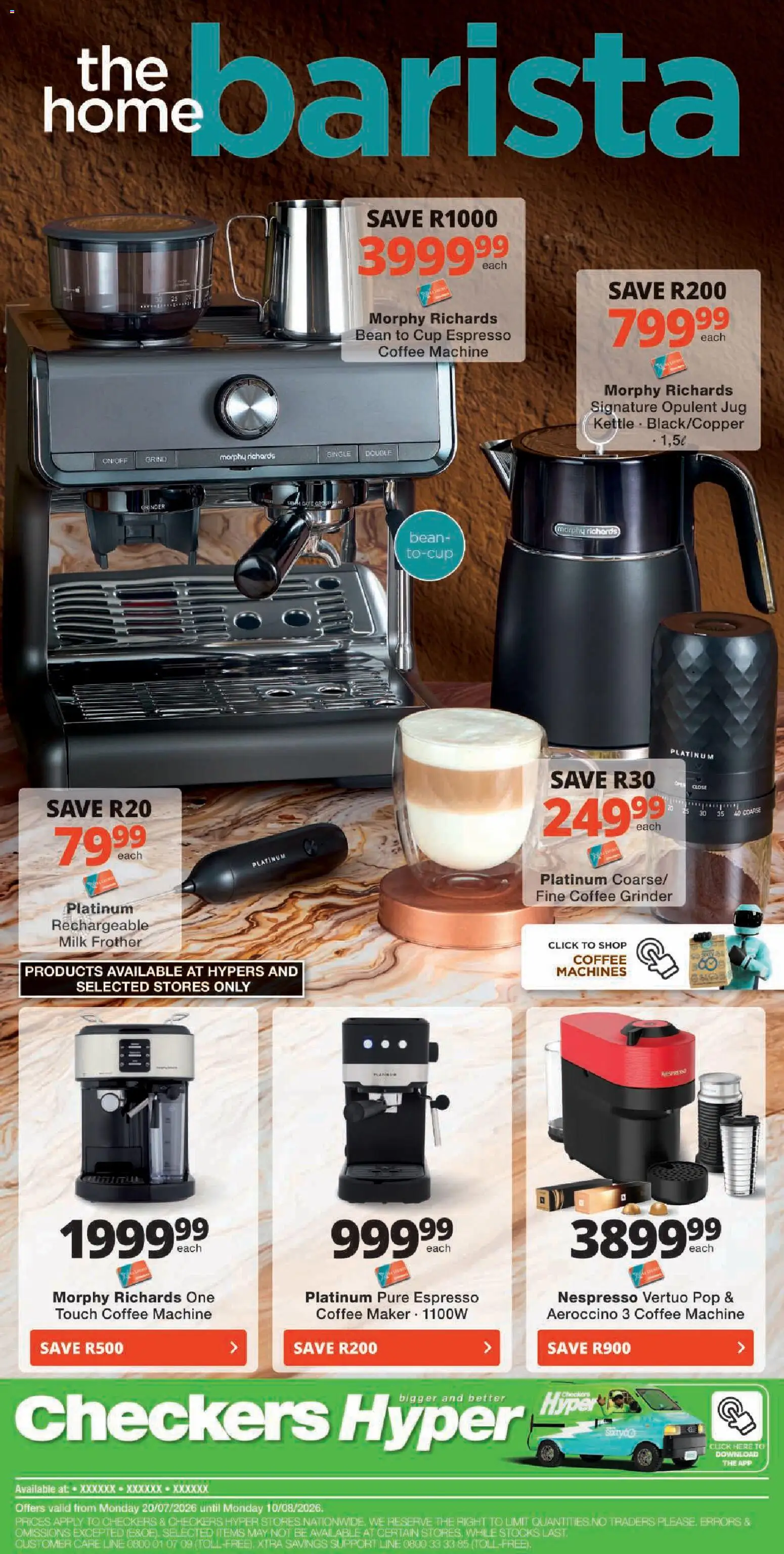 New Checkers catalogue – valid from 20/07/2026 | Page: 9 | Products: Kettle, Coffee grinder, Milk frother, Coffee
