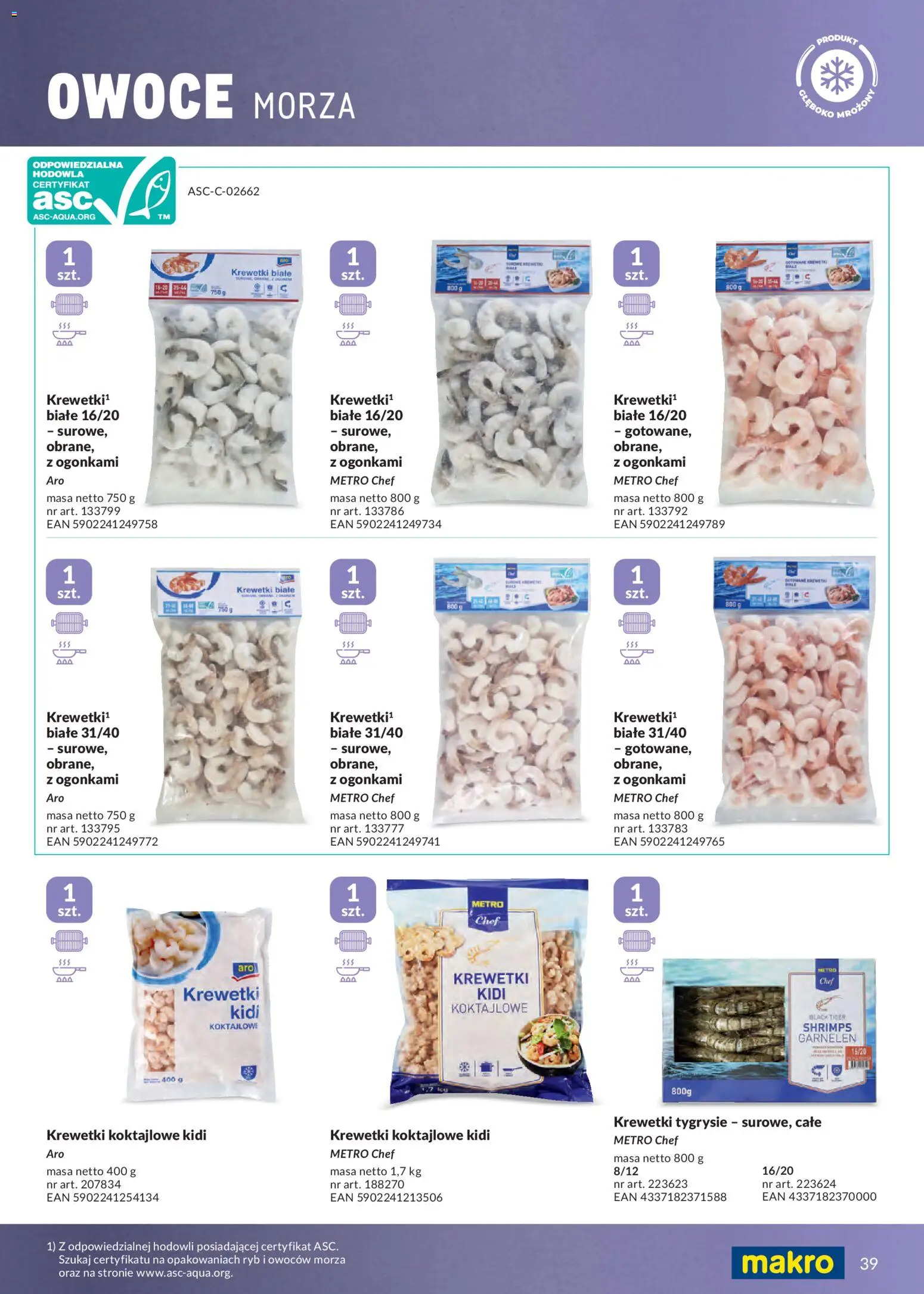 Makro gazetka - Mrożonki od 01.05.2026 | Strona: 39 | Produkty: Krewetki, Krewetki białe, Owoce, Owoce morza