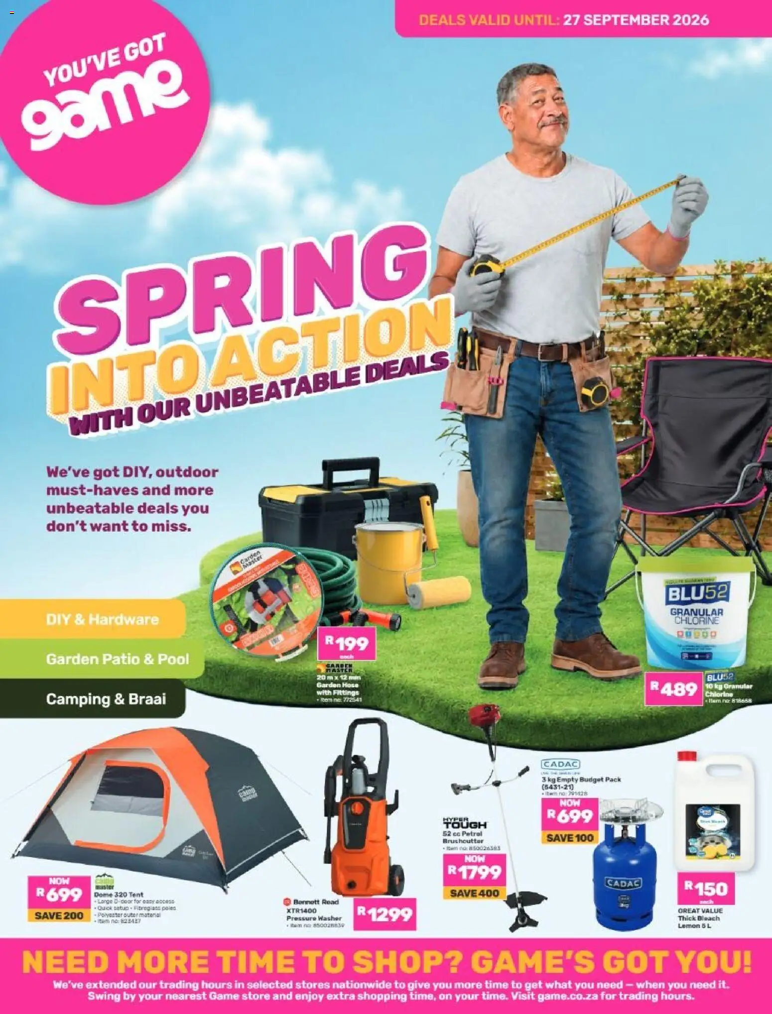 New Game catalogue – valid from 25/08/2026 | Page: 1 | Products: Tent, Ham, Garden hose, Lemon
