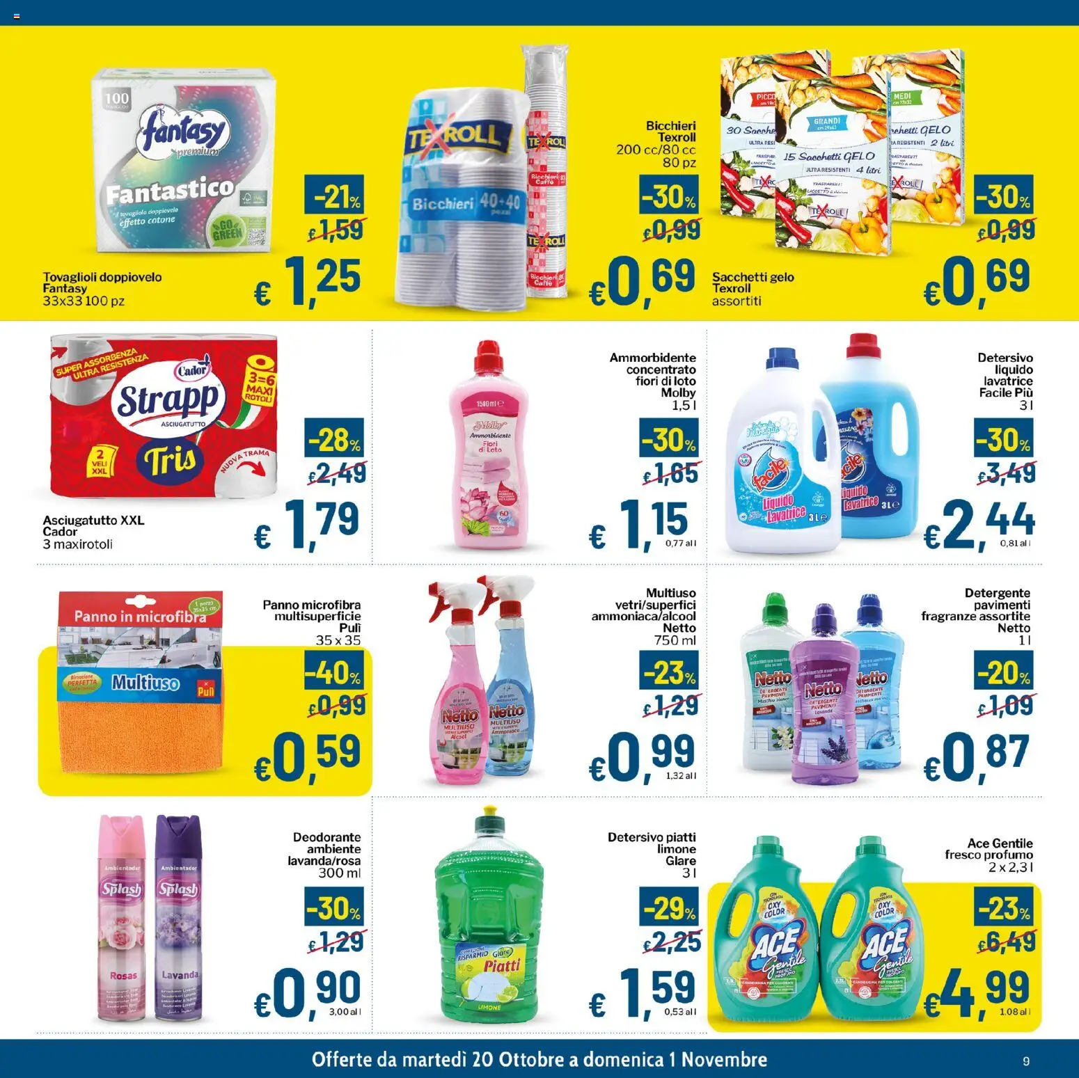 Volantino Qui Discount del 20/10/2026 | Pagina: 9 | Prodotti: Ammorbidente, Loto, Limone, Fiori