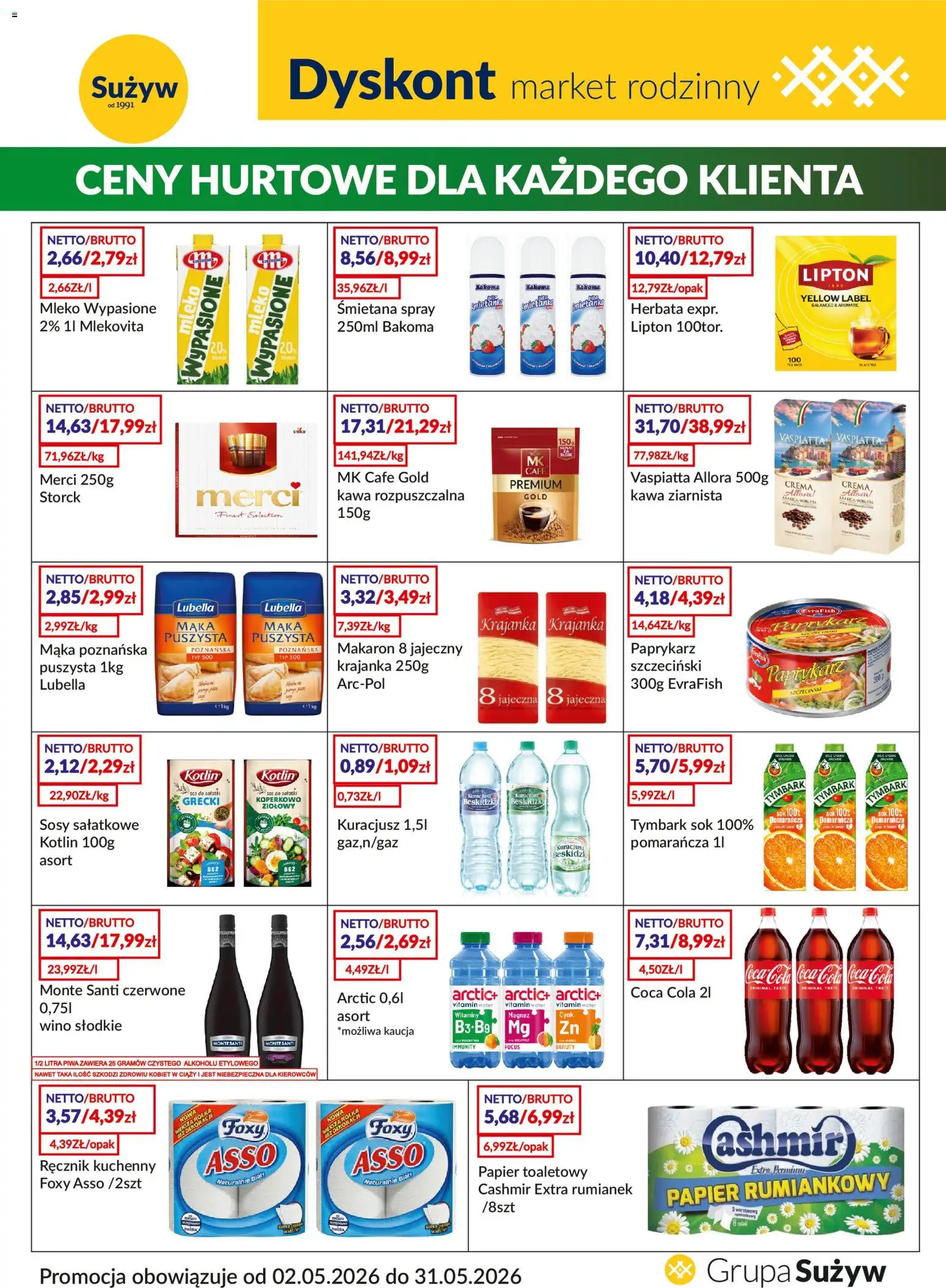 Sużyw gazetka - Dyskont od 02.05.2026 | Strona: 1 | Produkty: Papier toaletowy, Merci, Monte Santi, Makaron