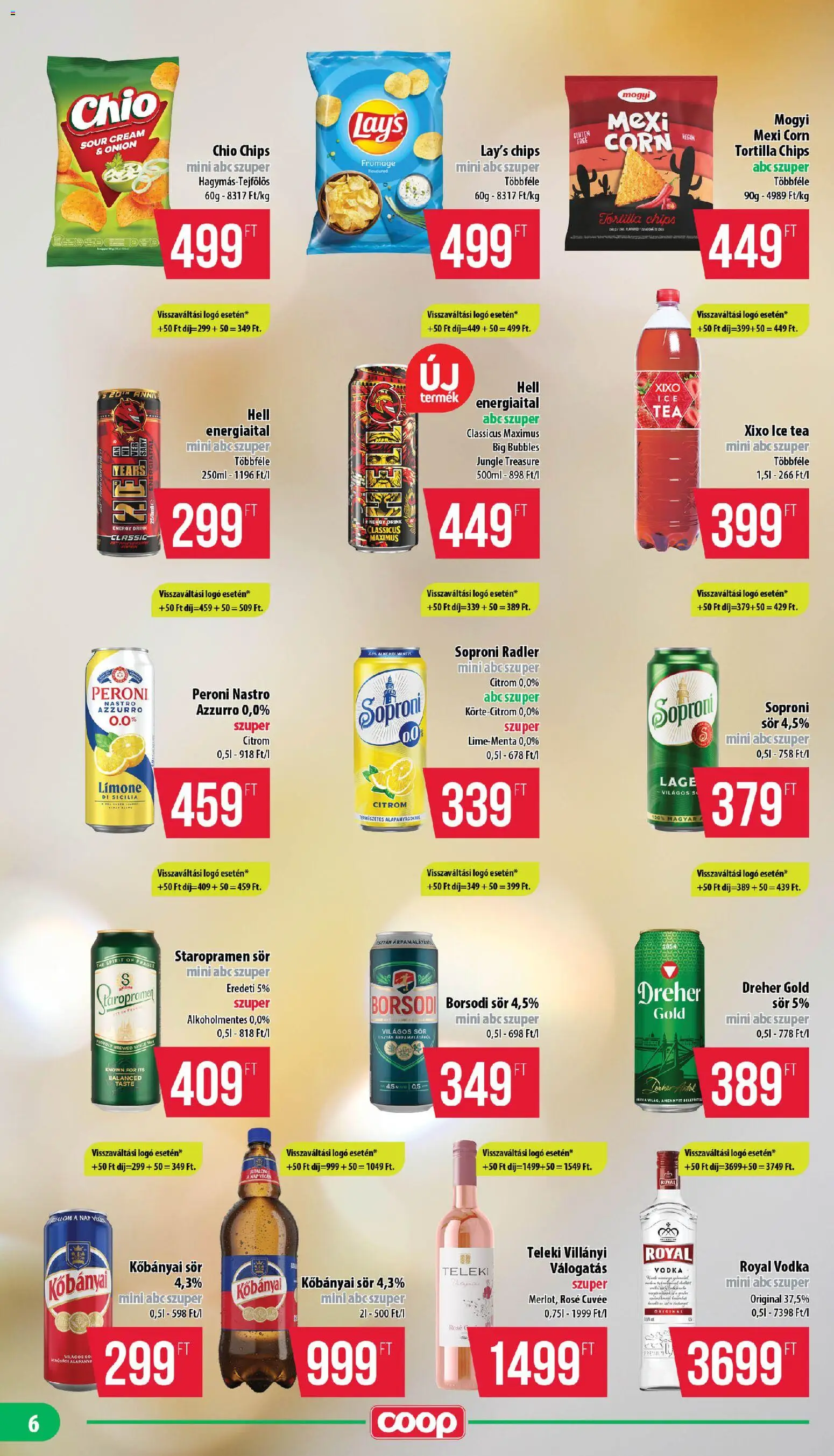 COOP akciós ujság - amely érvényes a következő dátumtól: 2026.08.13. | Oldal: 6 | Termékek: Energiaital, Alkohol, Chio chips, Vodka