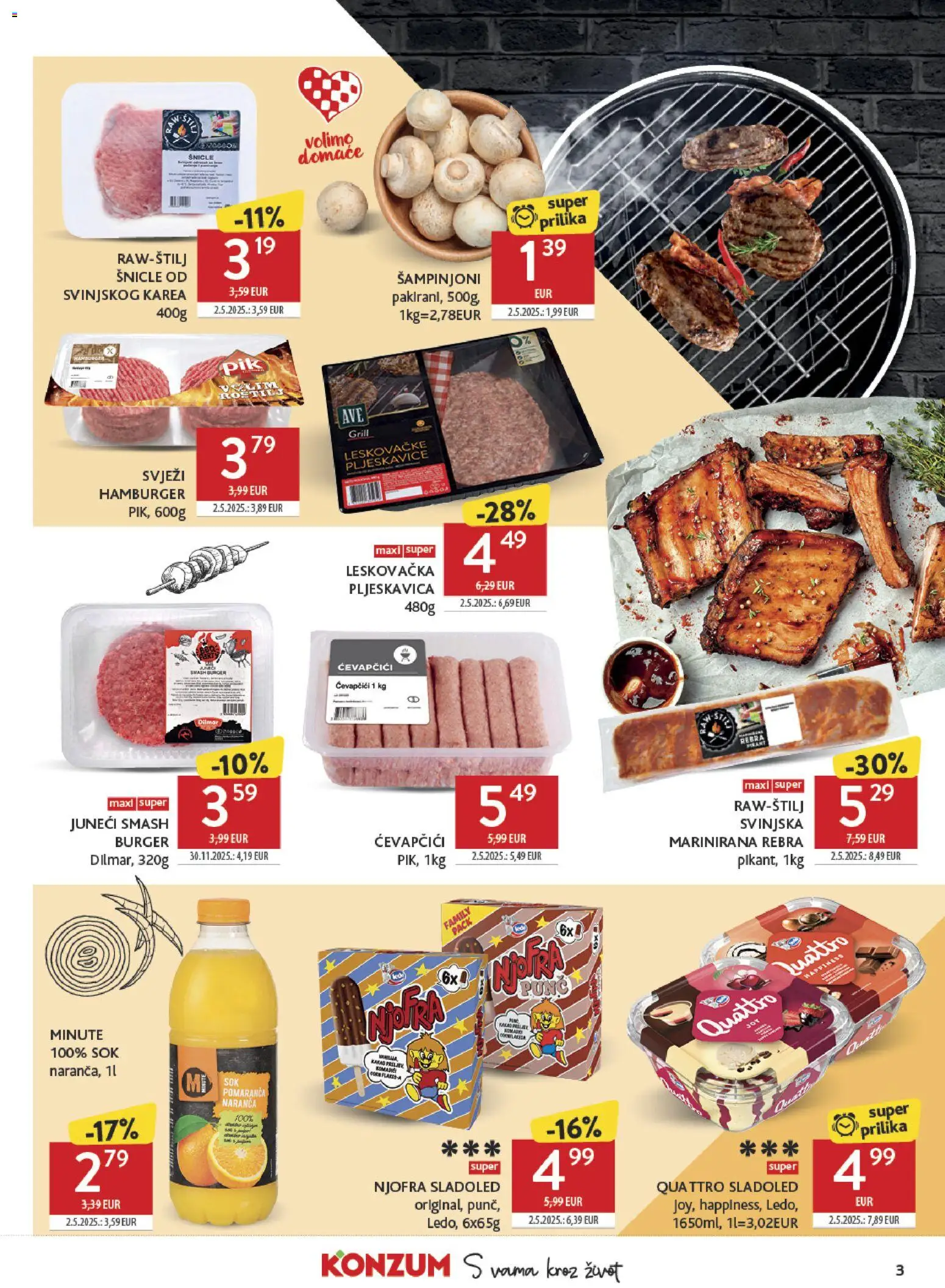 Konzum katalog | vrijedi od 15.04.2026 | Stranica: 3 | Proizvodi: Sok, Pljeskavice, Hamburger, Ćevapčići