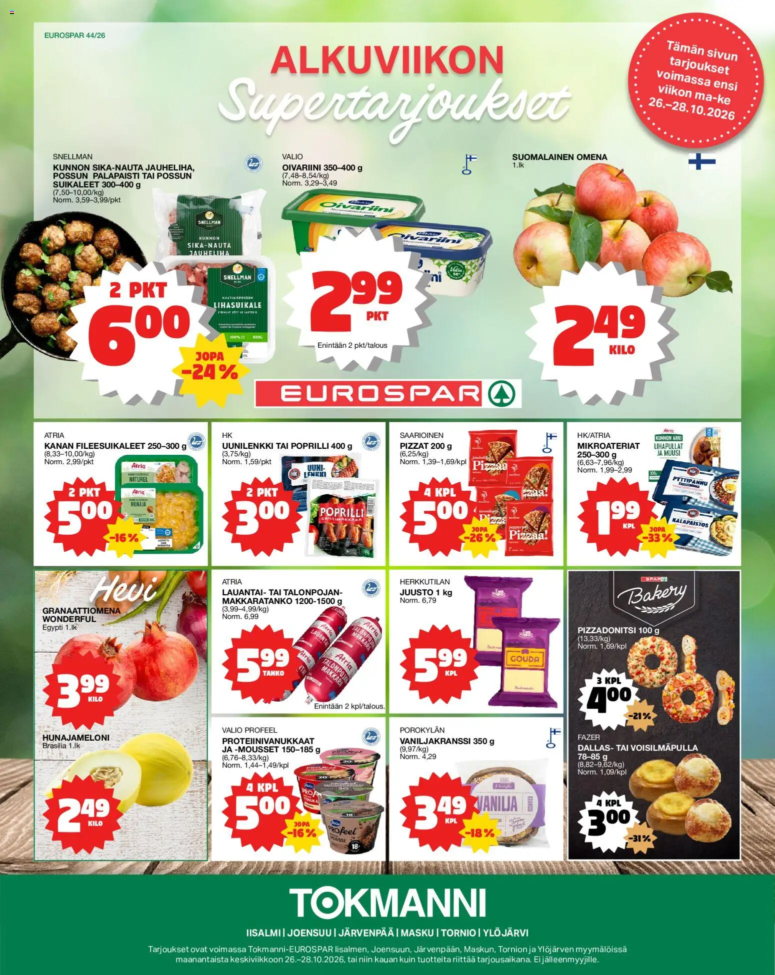 Tokmanni Eurospar – voimassa 26/10/2026 alkaen | Sivu: 1 | Tuotteet: Makkara, Mousse, Granaattiomena, Hunajameloni