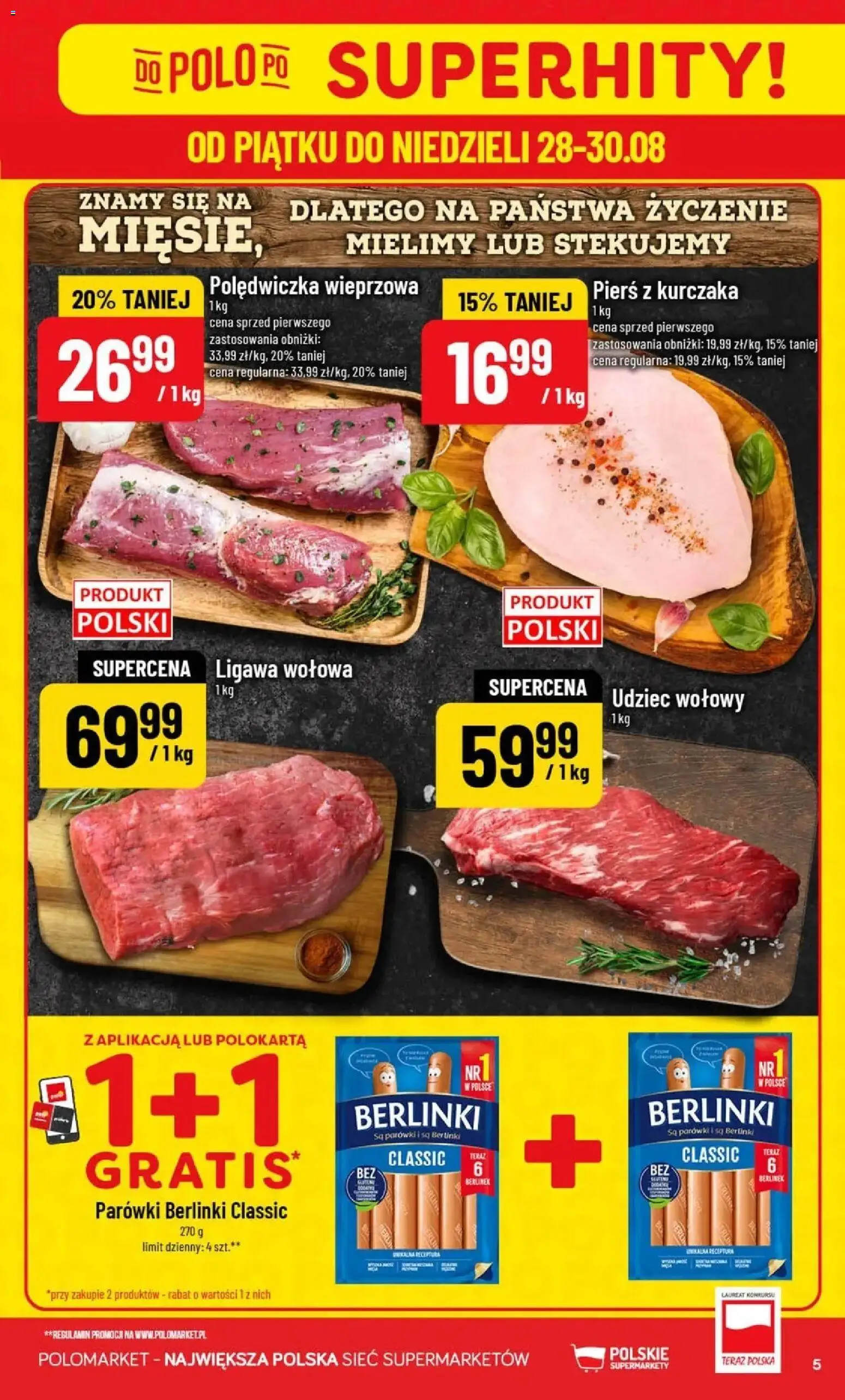 Nowa POLOmarket gazetka od jutra 26.08.2026 | Strona: 5 | Produkty: Pierś z kurczaka, Parówki berlinki, Udziec wołowy, Berlinki
