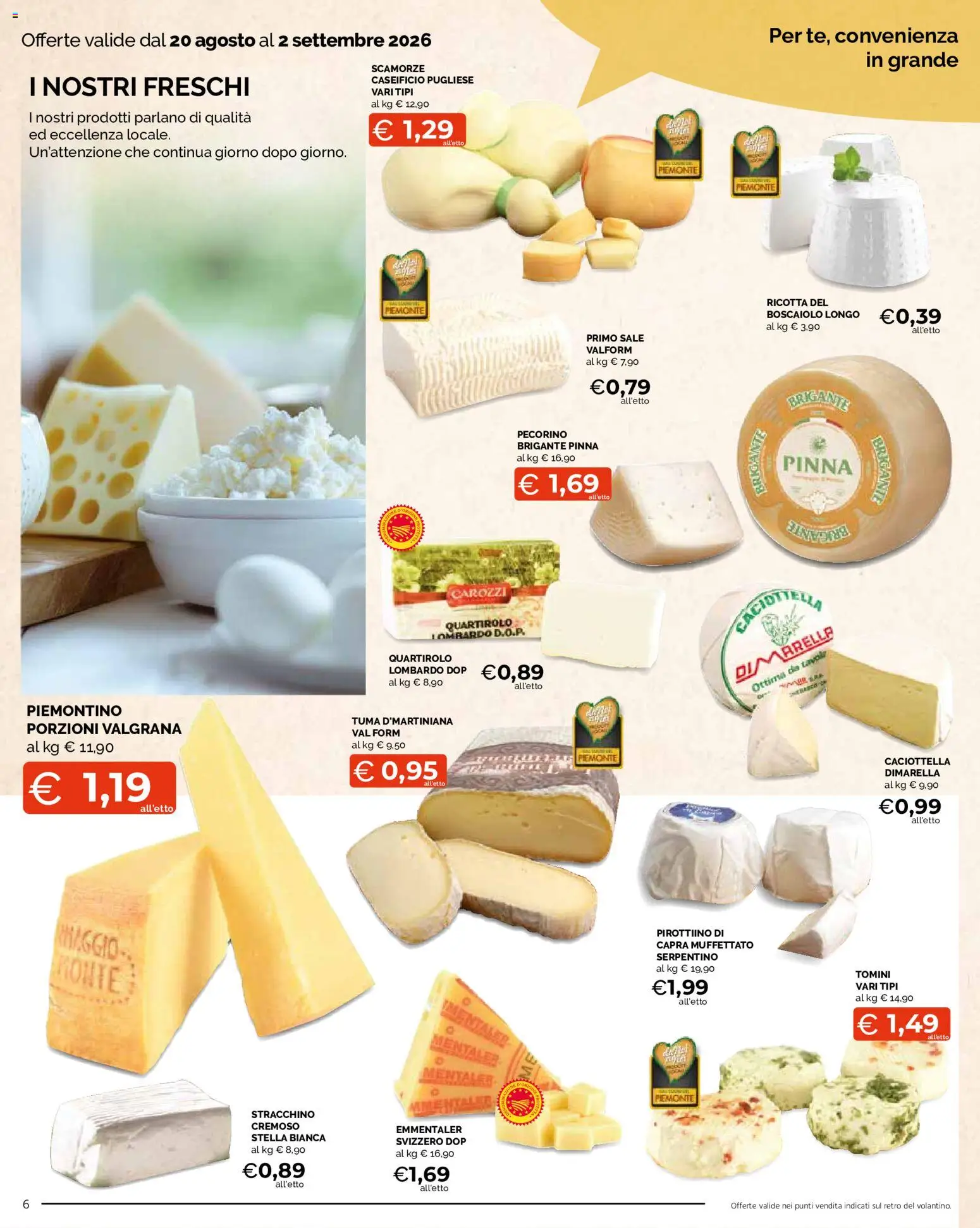Volantino Mercatò del 20/08/2026 | Pagina: 6 | Prodotti: Sale, Stracchino, Ricotta, Pecorino