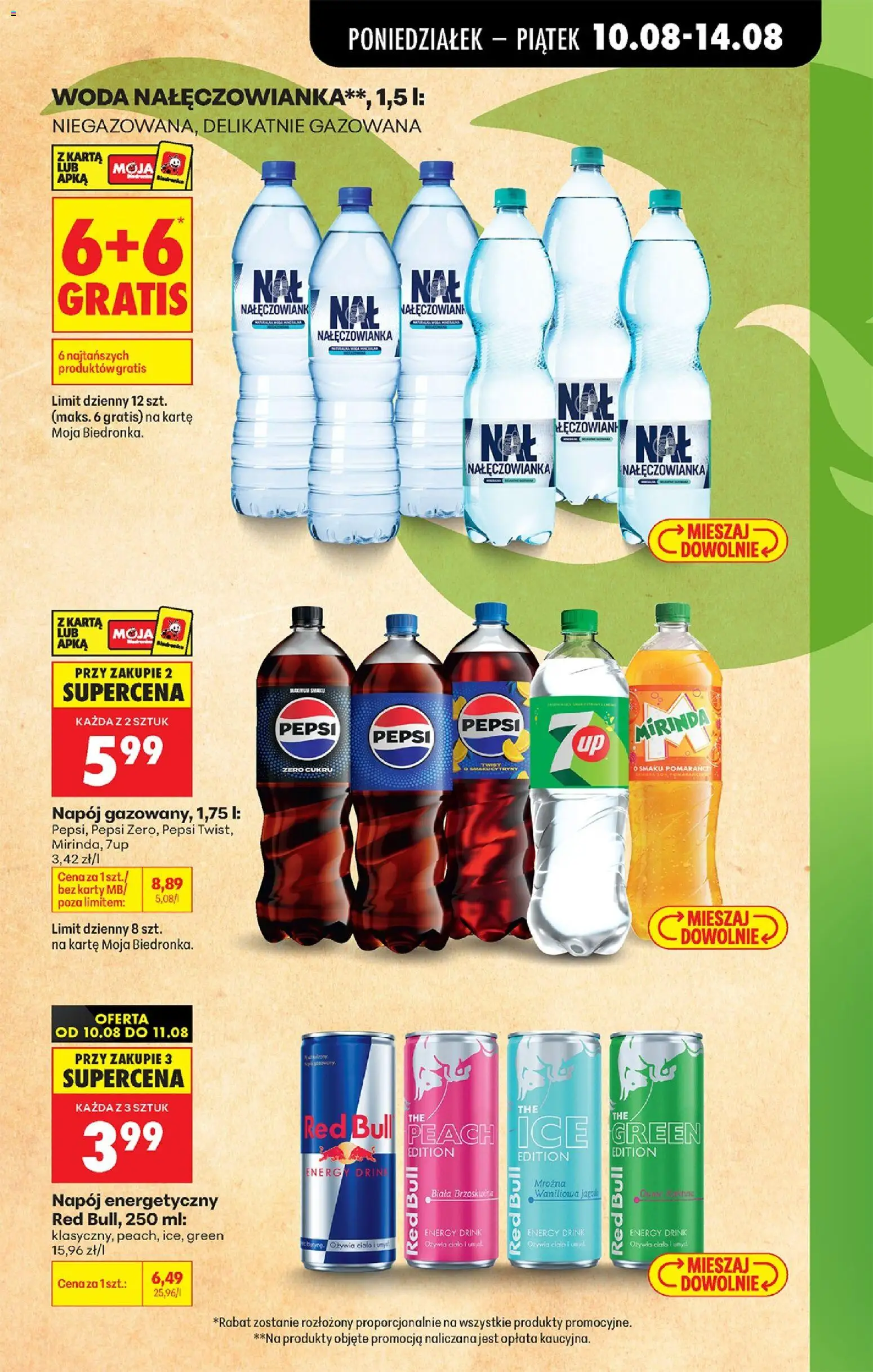 Biedronka gazetka od 10.08.2026 | Strona: 13 | Produkty: Karta, Pepsi mirinda, Woda Nałęczowianka, Woda
