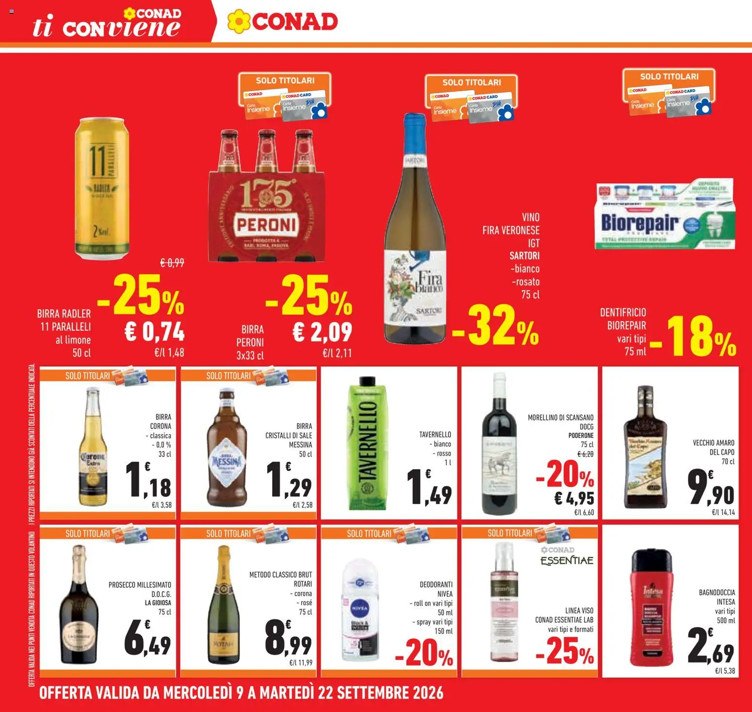 Volantino Conad del 09/09/2026 | Pagina: 20 | Prodotti: Dentifricio, Birra Corona, Radler, Amaro