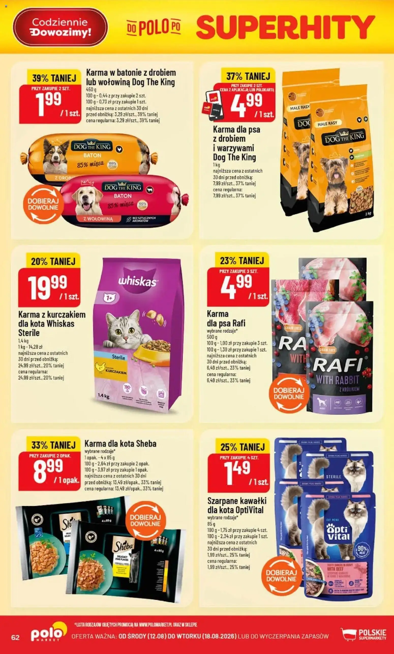 Nowa POLOmarket gazetka od jutra 12.08.2026 | Strona: 62 | Produkty: Whiskas, Sheba, Karma dla kota, Karma