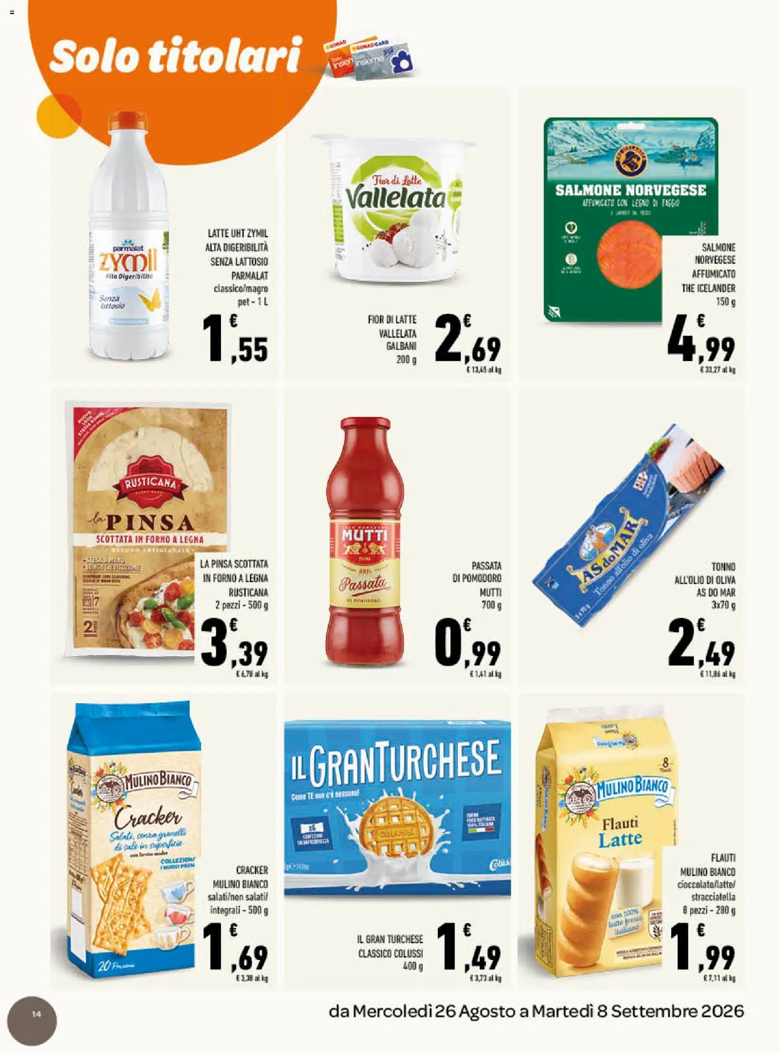 Volantino Conad del 26/08/2026 | Pagina: 14 | Prodotti: Salmone, Crackers, Tonno, Stracciatella