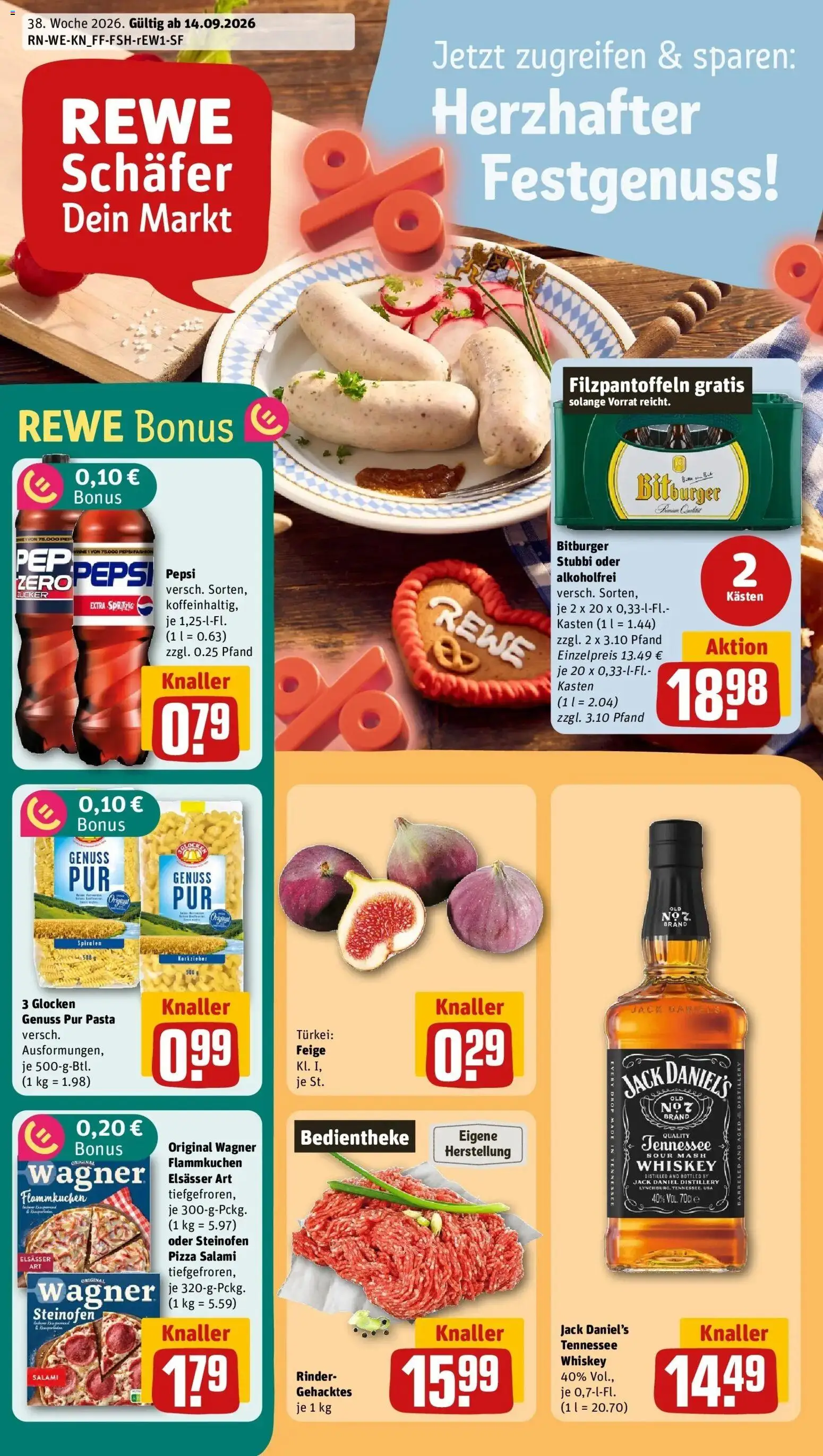 REWE Prospekt ab 14.09.2026 zum Blättern » Angebote | Seite: 1 | Produkte: Bitburger, Jack Daniel's, Salami, Pizza