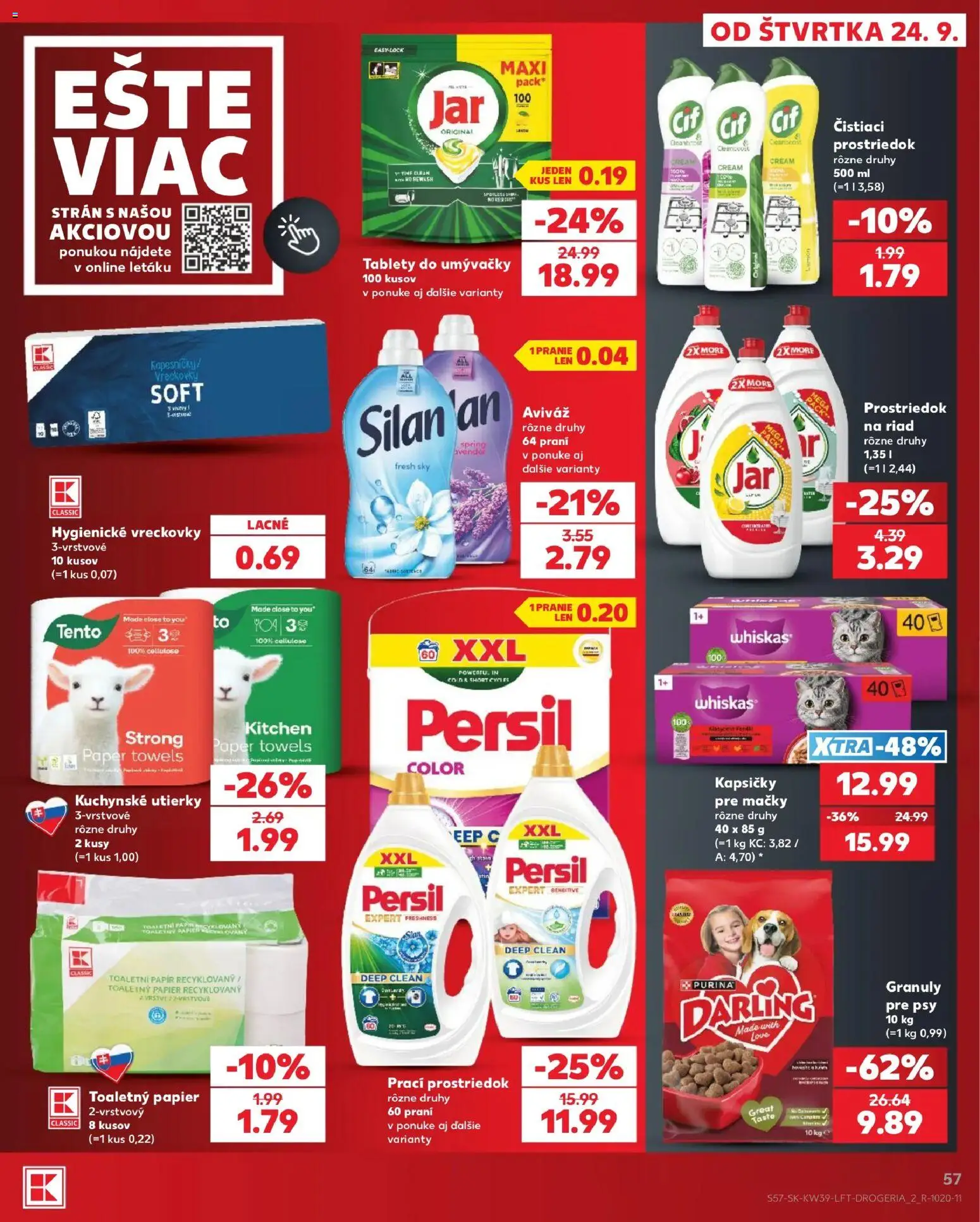 Nové Kaufland akcie – leták je platný od 24.09.2026 | Strana: 57 | Produkty: Tablety do umývačky, Čistiaci prostriedok, Whiskas, Vreckovky