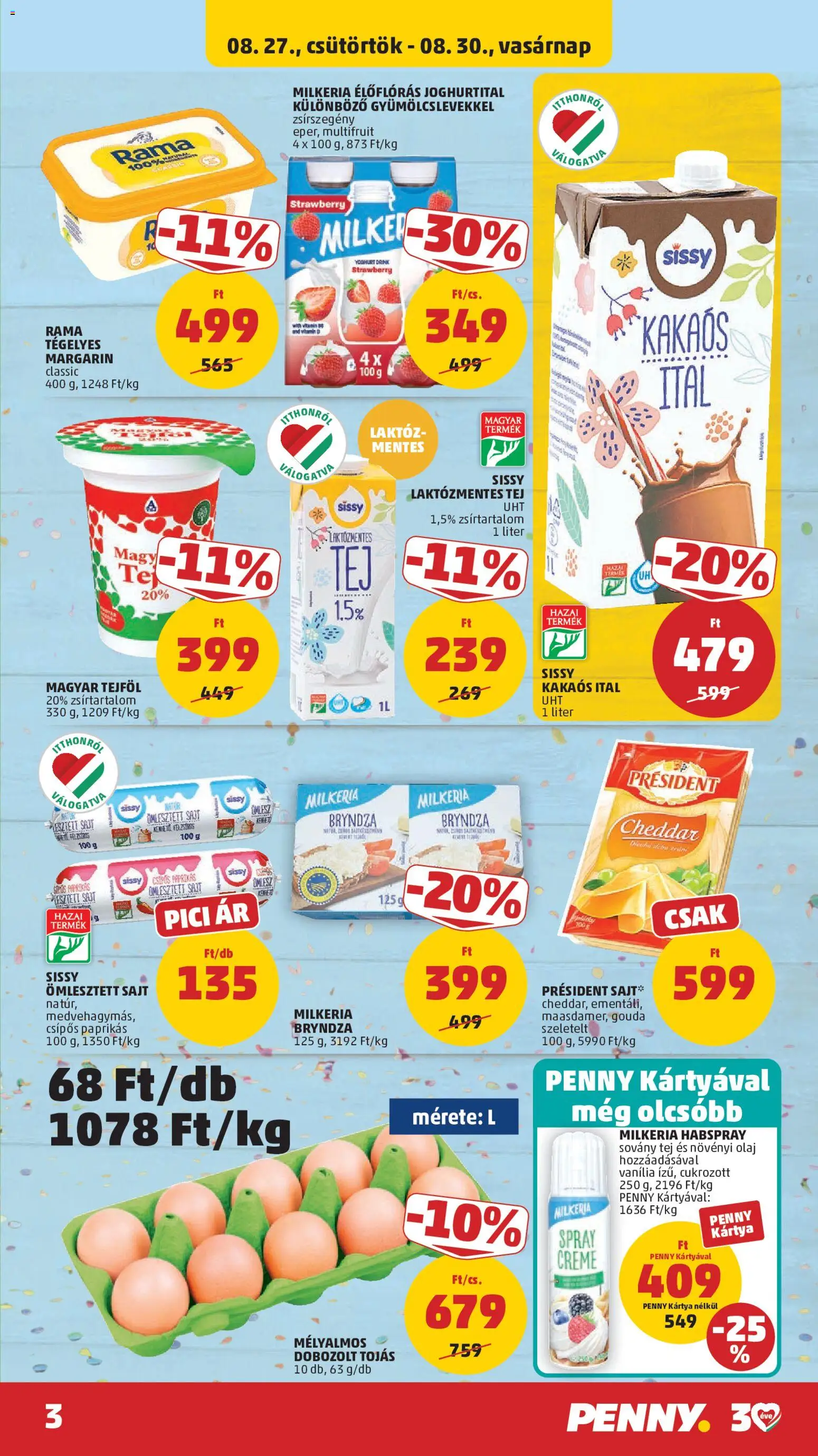 PENNY akciós ujság - amely érvényes a következő dátumtól: 2026.08.27. | Oldal: 3 | Termékek: Bryndza, Tej, Cheddar, Habspray