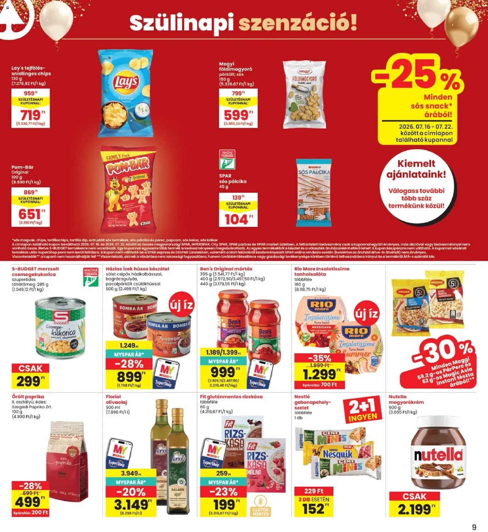 Interspar akciós ujság - amely érvényes a következő dátumtól: 2026.07.16. | Oldal: 9 | Termékek: Tonhalsaláta, Csemegekukorica, Tortilla, Gluténmentes