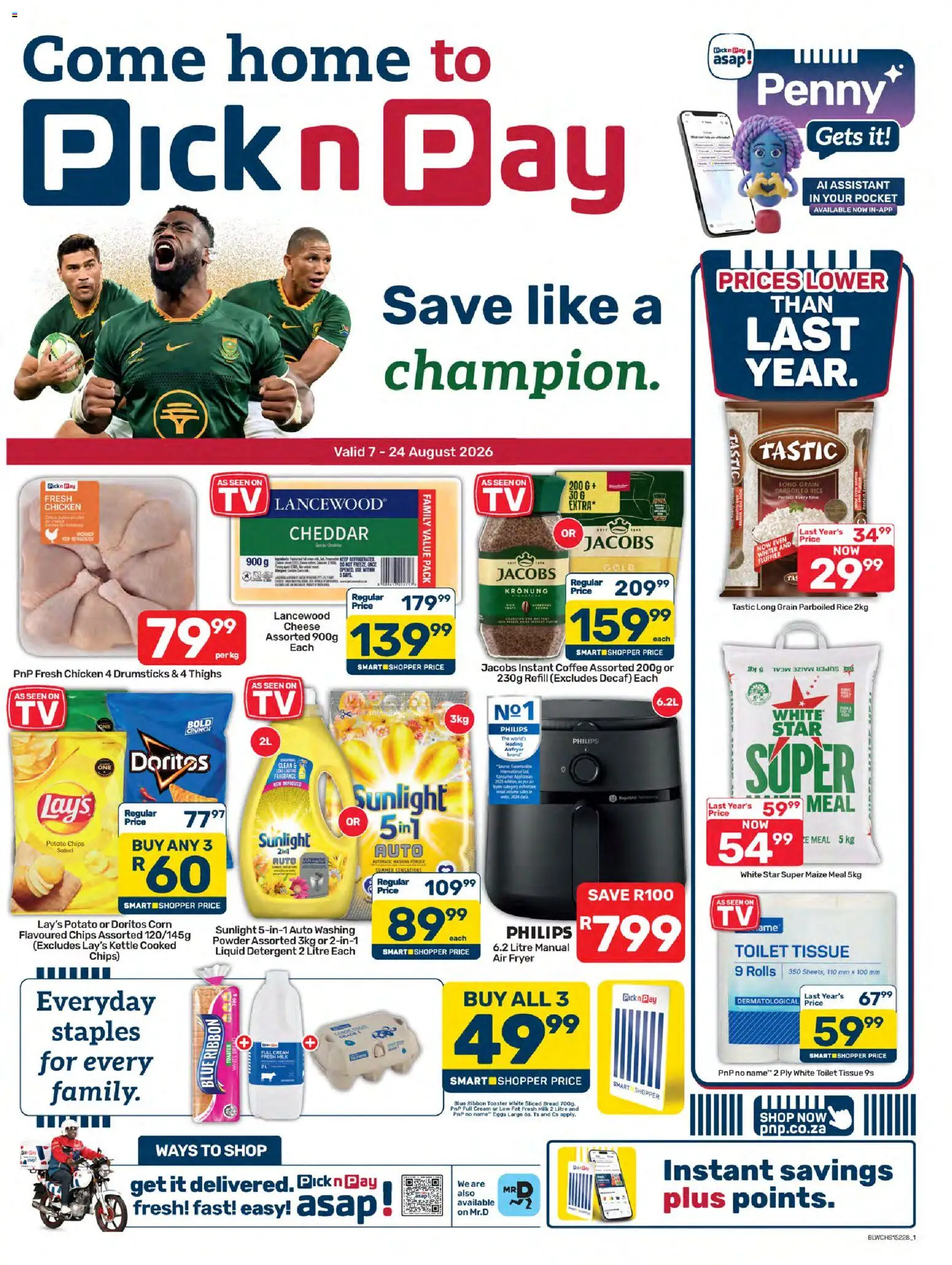 New Pick n Pay catalogue – valid from 07/08/2026 | Page: 1 | Products: Maize meal, Coffee, Rice, Instant coffee