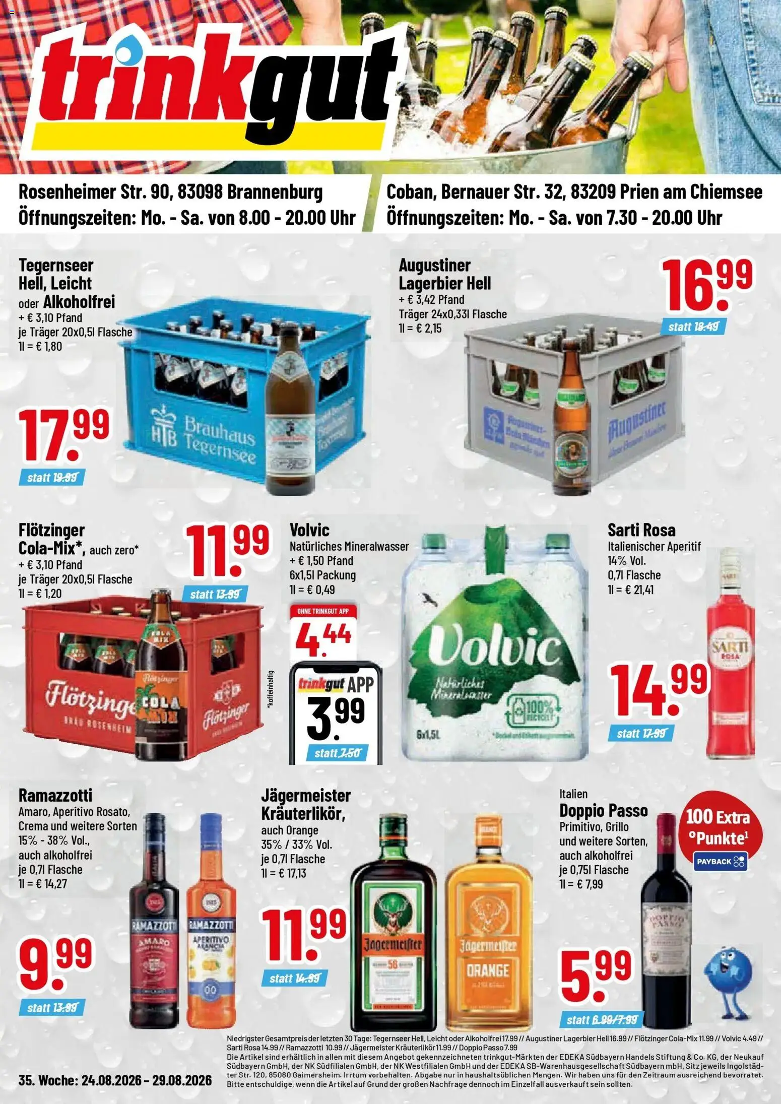 Trinkgut Prospekt Prien Am Chiemsee (ab 24.08.2026) » Angebote online | Seite: 1 | Produkte: Cola, Jägermeister, Volvic, Ramazzotti