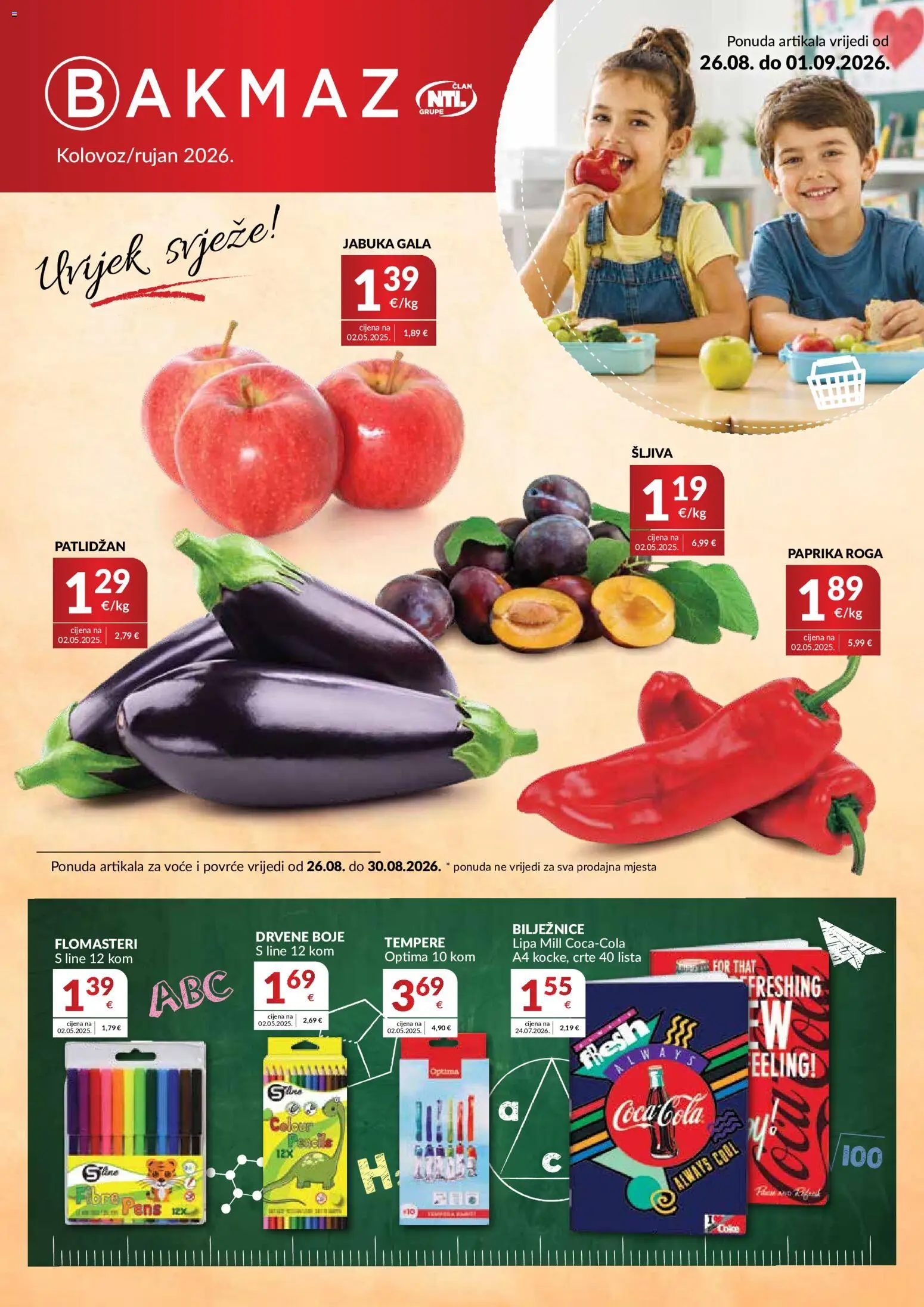 Bakmaz katalog | vrijedi od 26.08.2026 | Stranica: 1 | Proizvodi: Coca cola, Povrće, Patlidžan, Jabuka