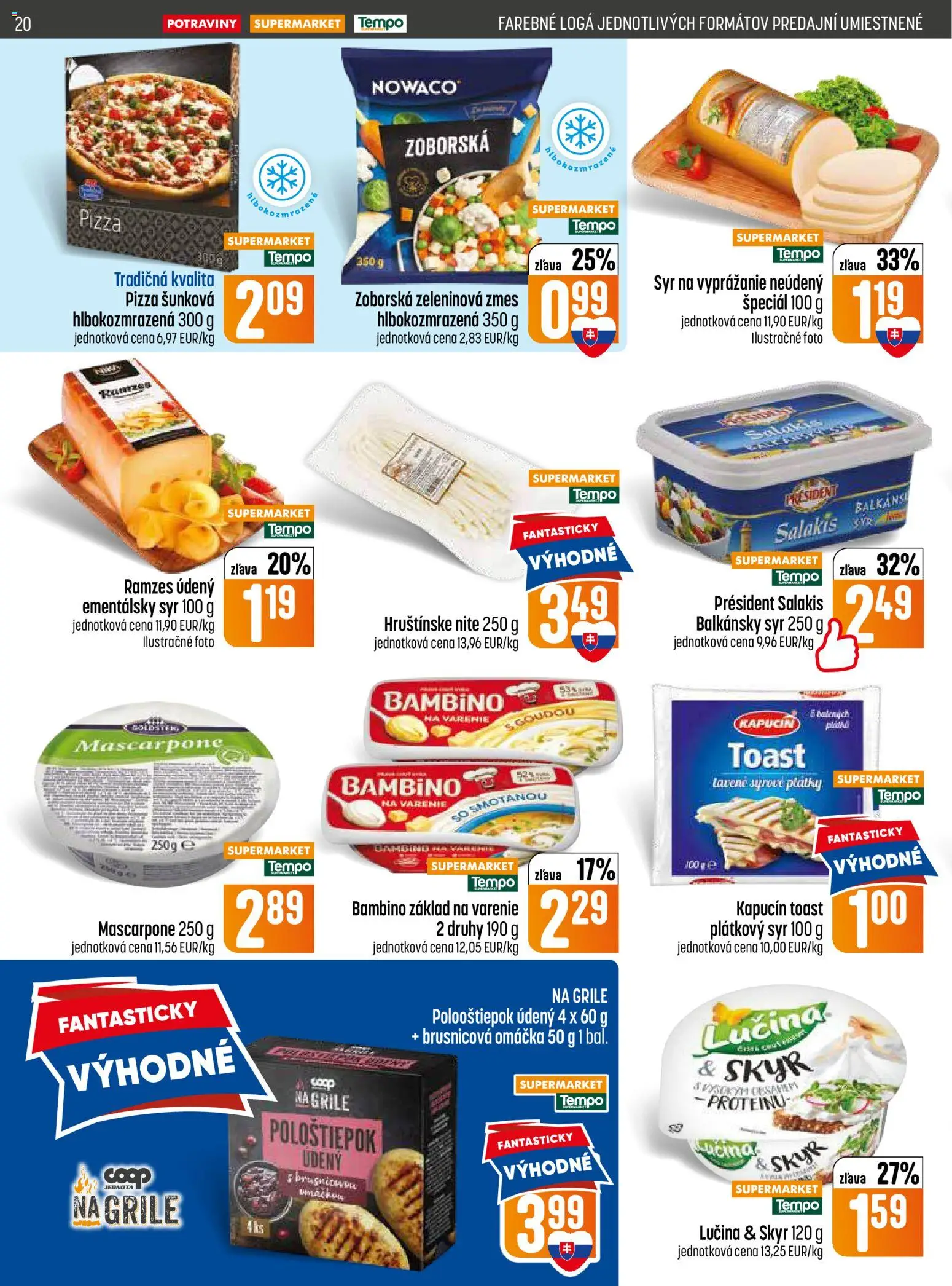 Nové COOP Jednota akcie – leták je platný od 25.06.2026 | Strana: 20 | Produkty: Syr, Pizza, Balkánsky syr, Omáčka