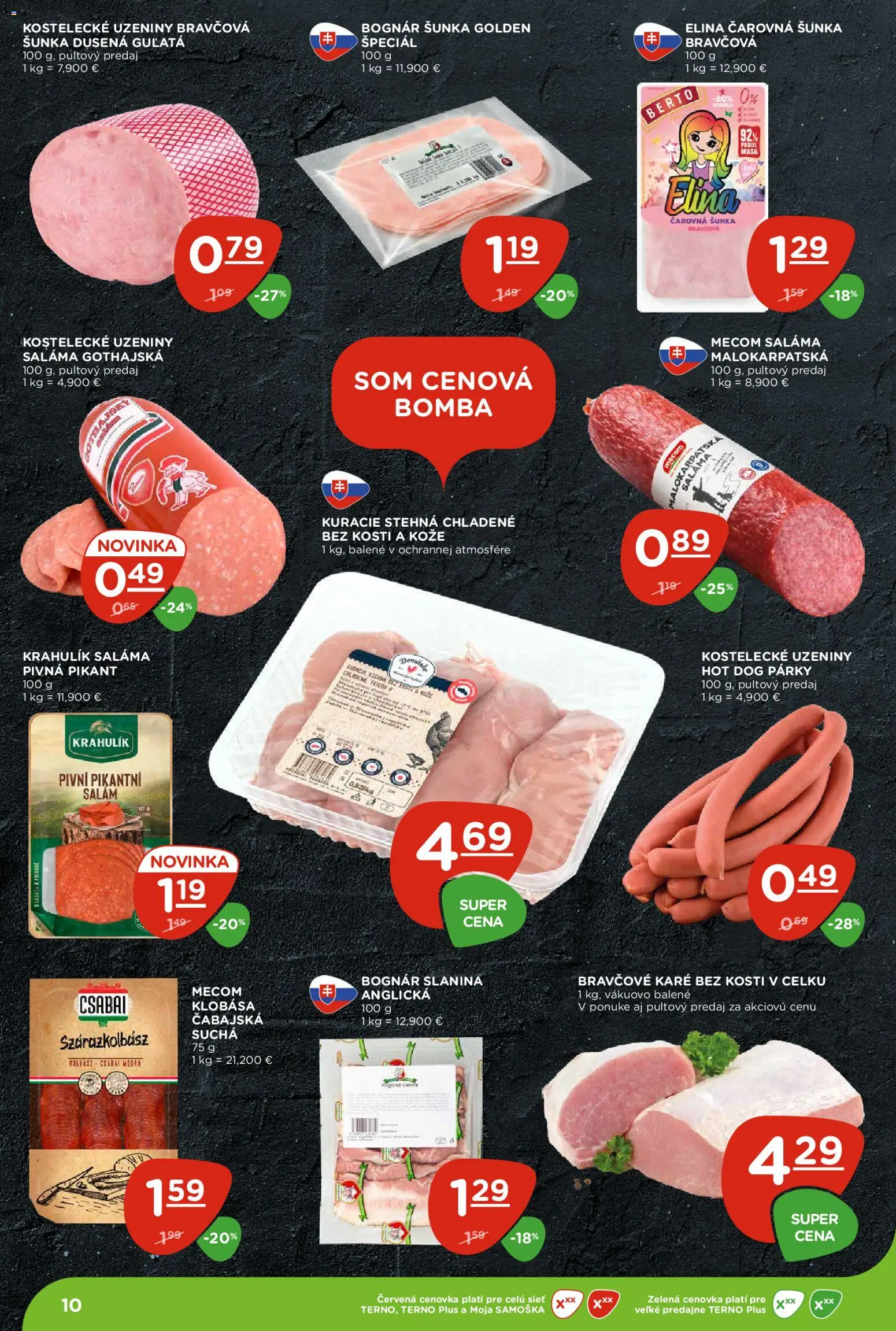 Nové Terno akcie – leták je platný od 21.05.2026 | Strana: 10 | Produkty: Saláma, Slanina, Klobása, Bravčové karé