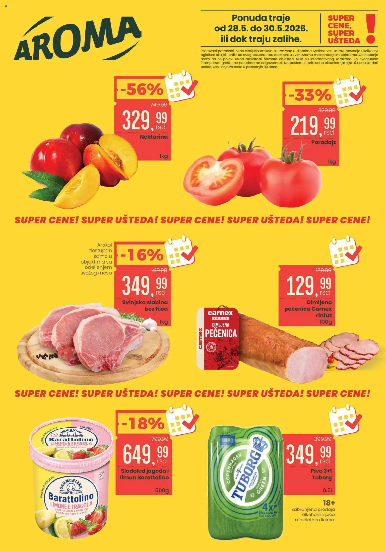 Aroma Market katalog - važi od 28.05.2026 | Strana: 1 | Proizvode: Sladoled, Jagoda, Pivo, Pečenica