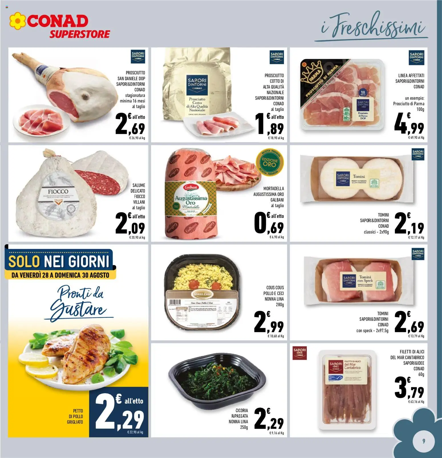 Volantino Conad del 26/08/2026 | Pagina: 9 | Prodotti: Speck, Ceci, Cous cous, Mortadella