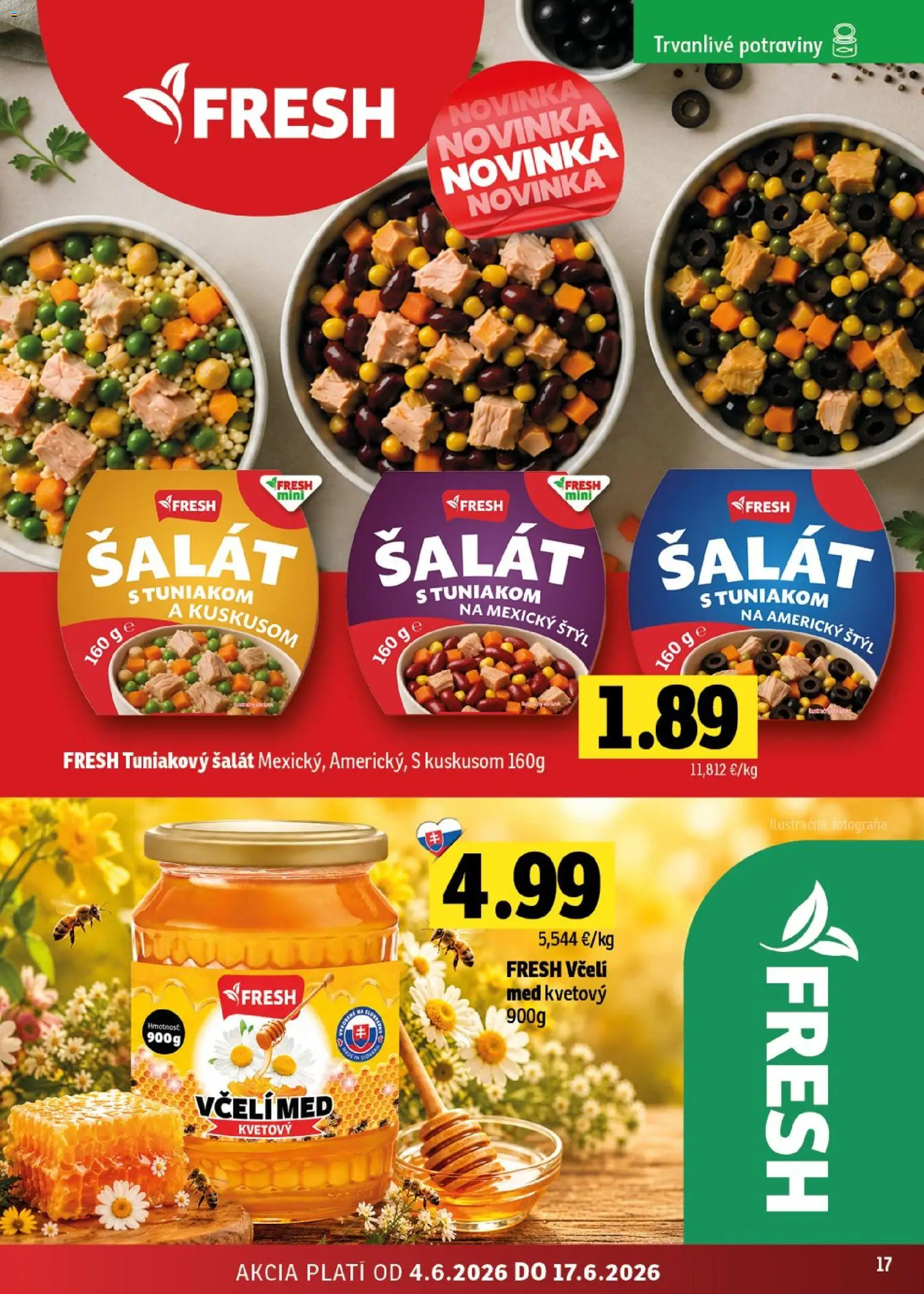 Nové Fresh akcie – leták je platný od 04.06.2026 | Strana: 17 | Produkty: Šalát, Med