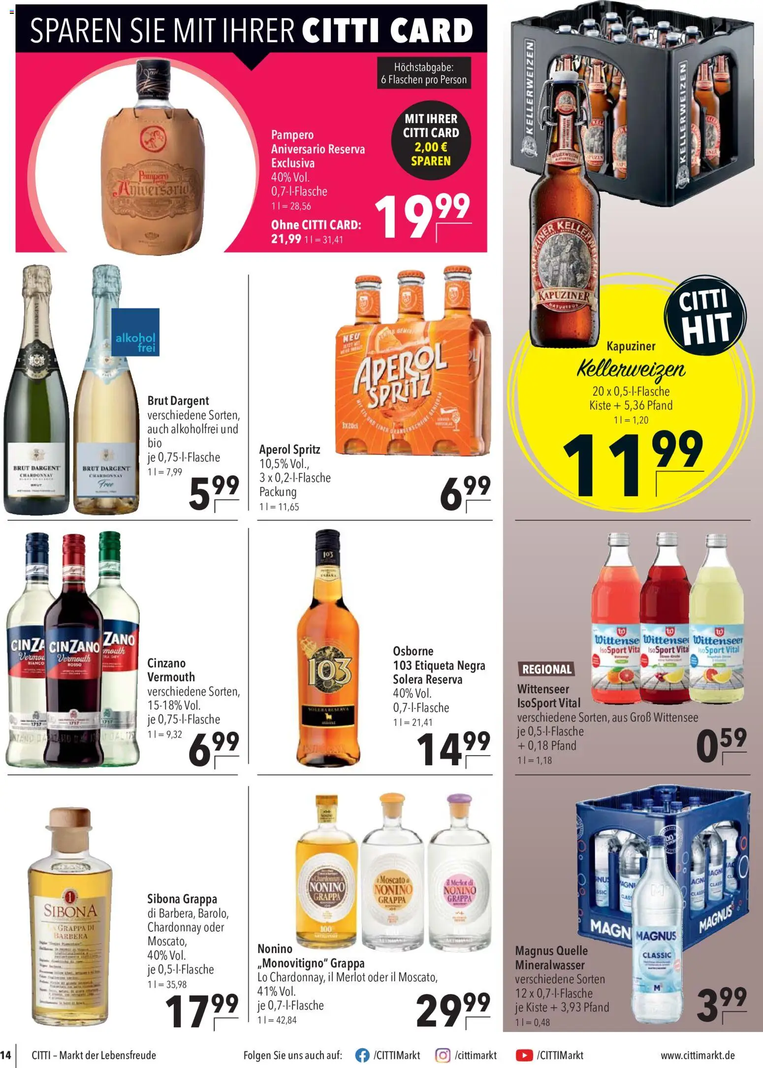 CITTI Markt Prospekt – gültig ab 23.09.2026 | Seite: 14 | Produkte: Osborne, Mineralwasser, Brut dargent, Aperol